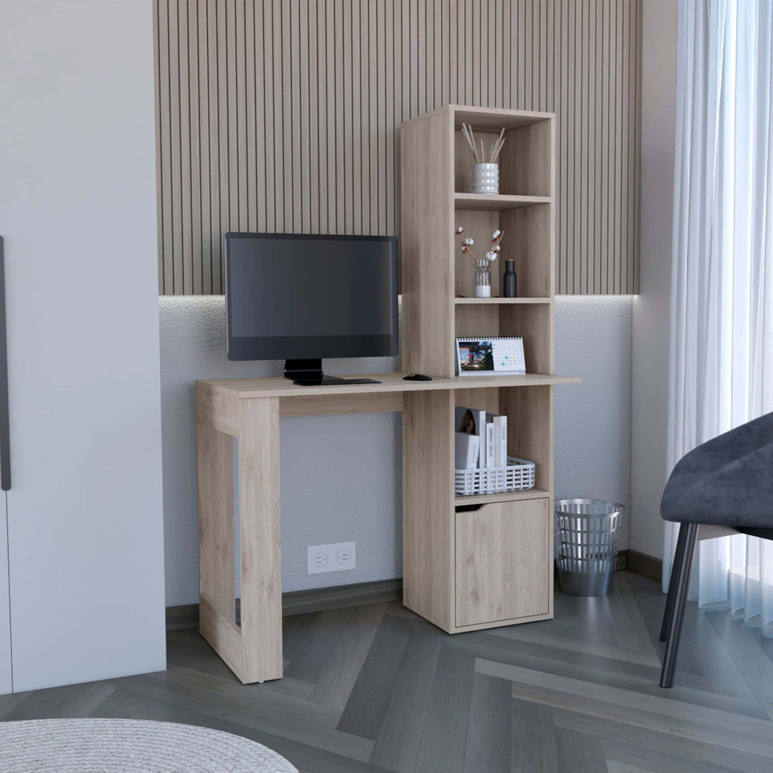 Writing Desk With Bookcase And Cabinet, Light Gray Gray Particle Board Particle Board