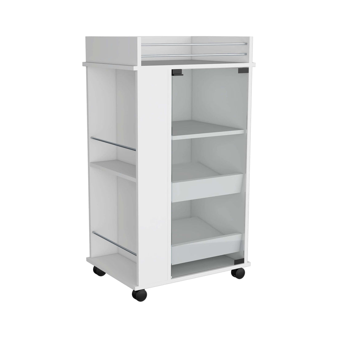 White Coffee Snacks Bar Cart Cabinet With Wheels, Glass Door, 2 Internal Shelves, 2 Shelves On The Sides. White Particle Board Particle Board