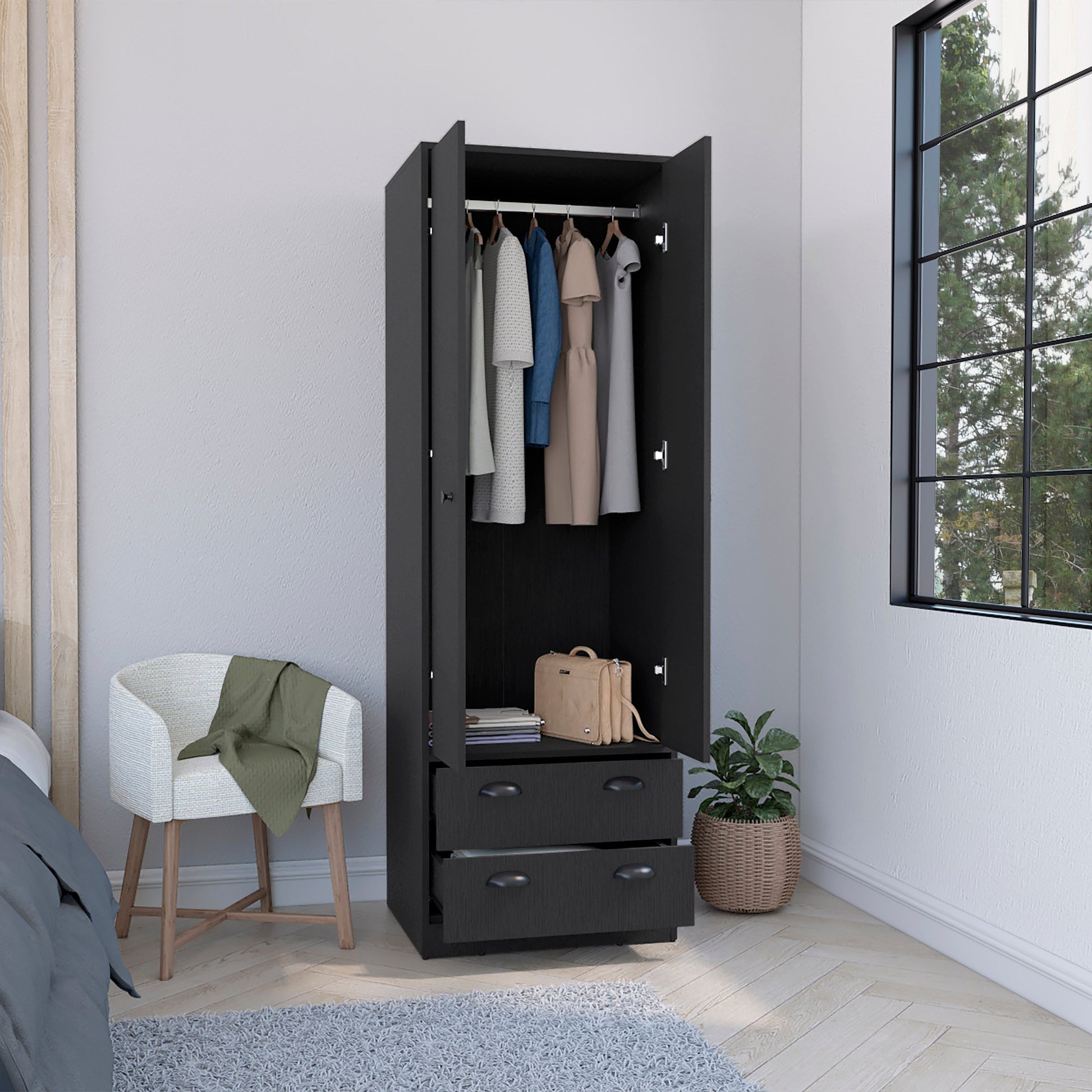 Armoire 70"H With 2 Drawers And 2 Doors, Black Black Bedroom Modern Particle Board Particle Board