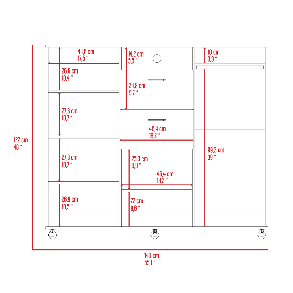 3 Door Cabinet Dresser 48"H, Two Drawers, Four Interior Shelves, Rod, Black Black Particle Board Particle Board