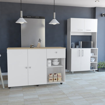 2 Piece Kitchen Set, Kitchen Island Cart Kitchen Pantry Cabinet, White Light Oak White Particle Board Particle Board