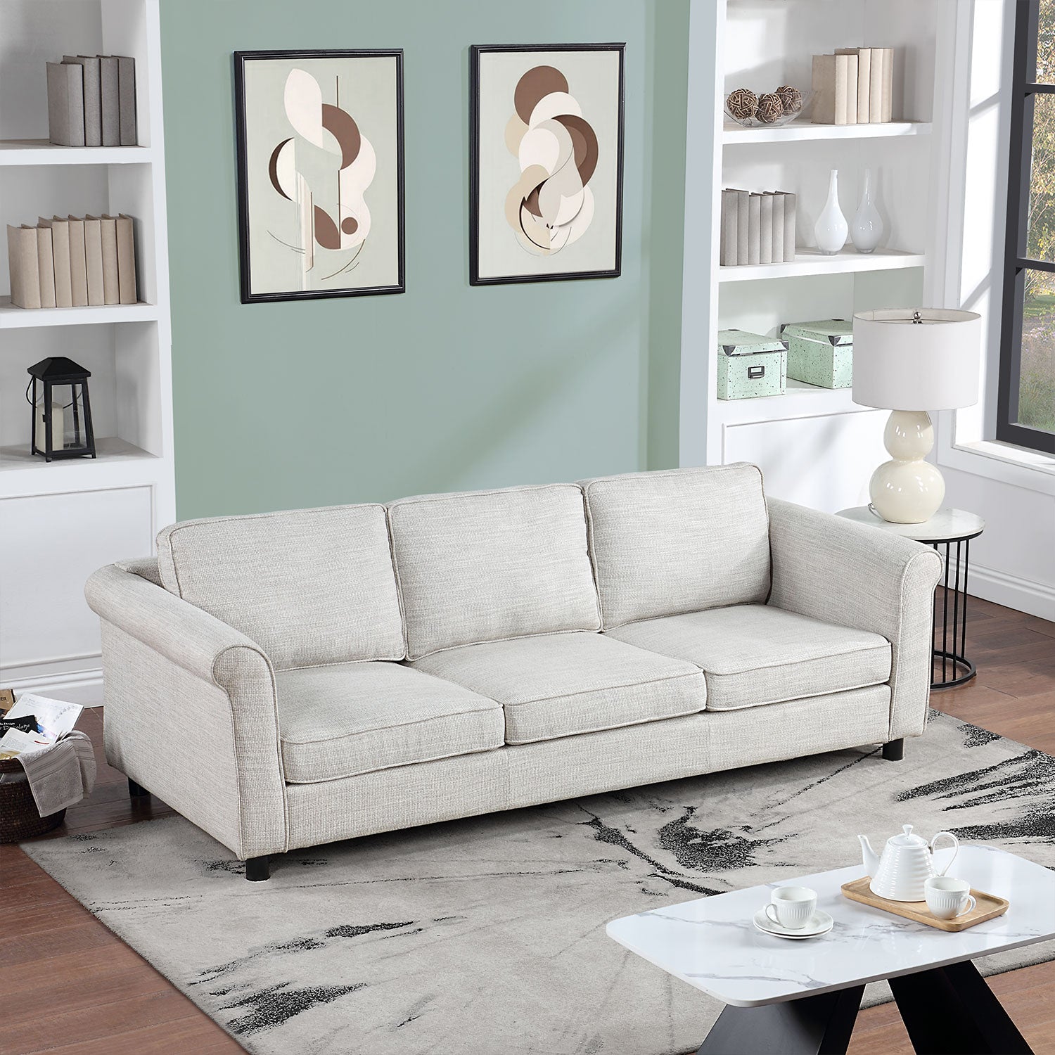 89.37Inch 3 Seats Upholstered Sofa, Bishop Beige Beige Fabric