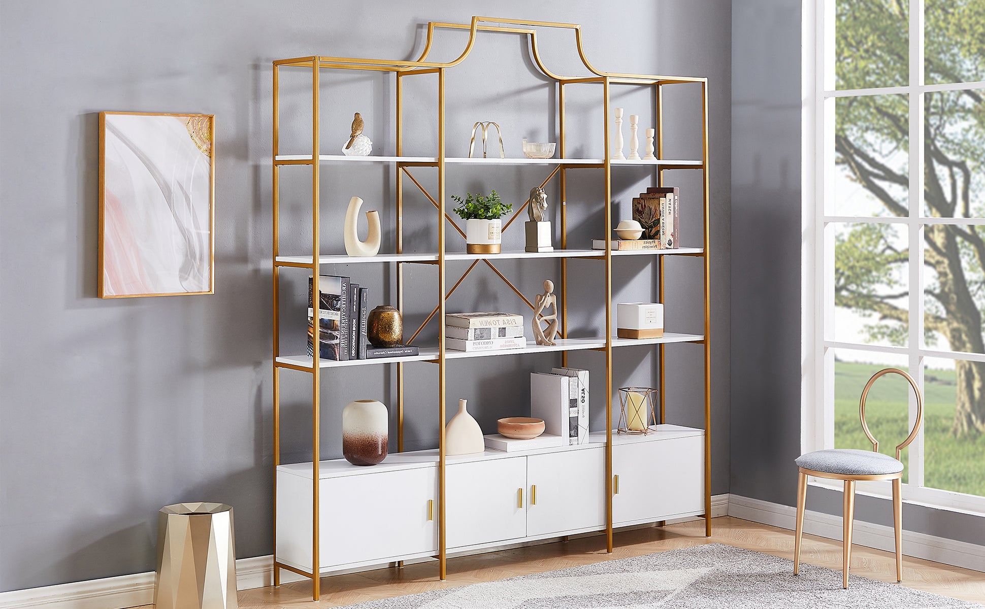 78 Inch 4 Tiers Home Office Bookcase Bookshelf, Storage Cabinet Display Shelf, X Bar Gold Frame Golden White Mdf Steel