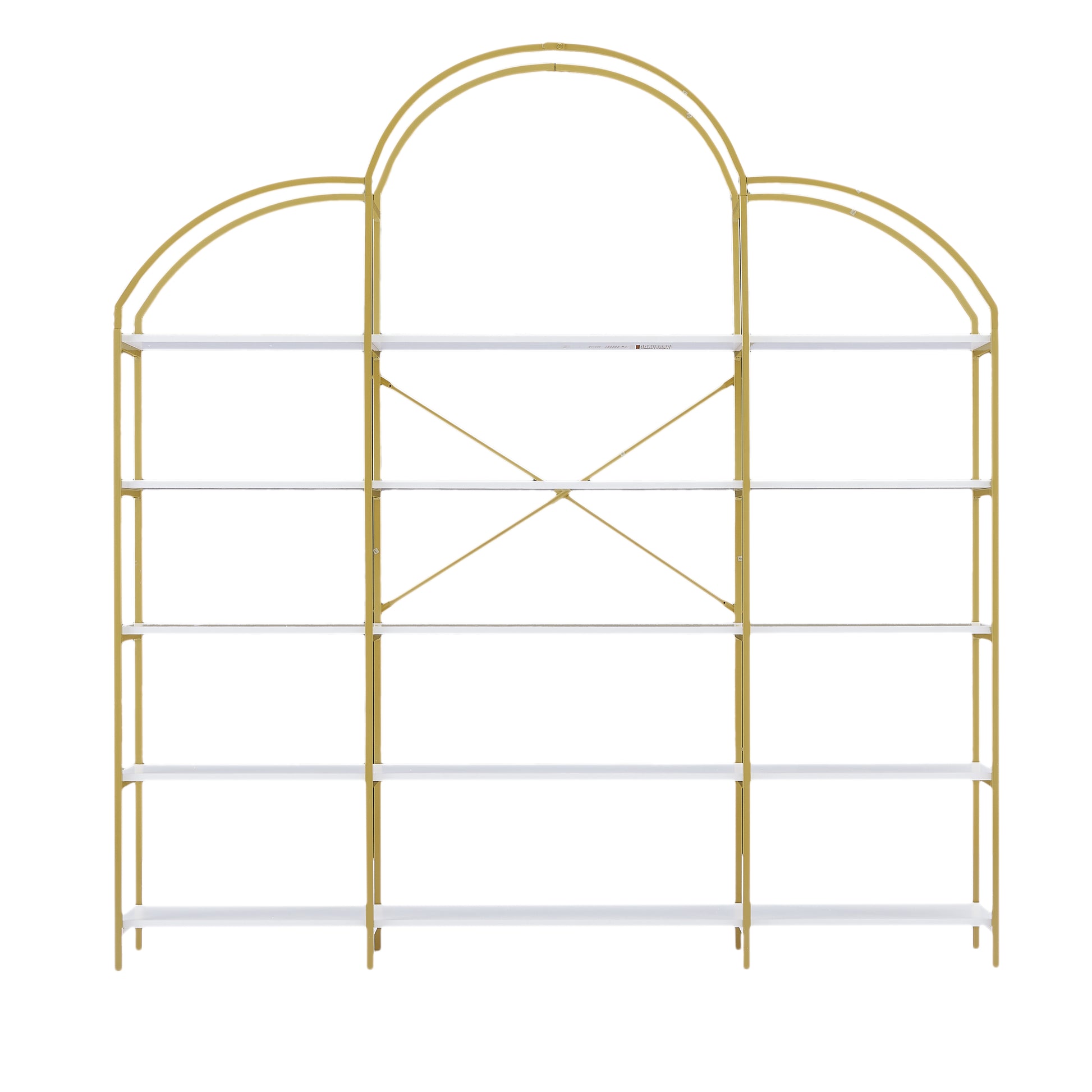 74.8 Inch 5 Tiers Office Bookcase Bookshelf, Display Shelf With Round Top, X Bar Gold Frame Golden White Mdf Steel