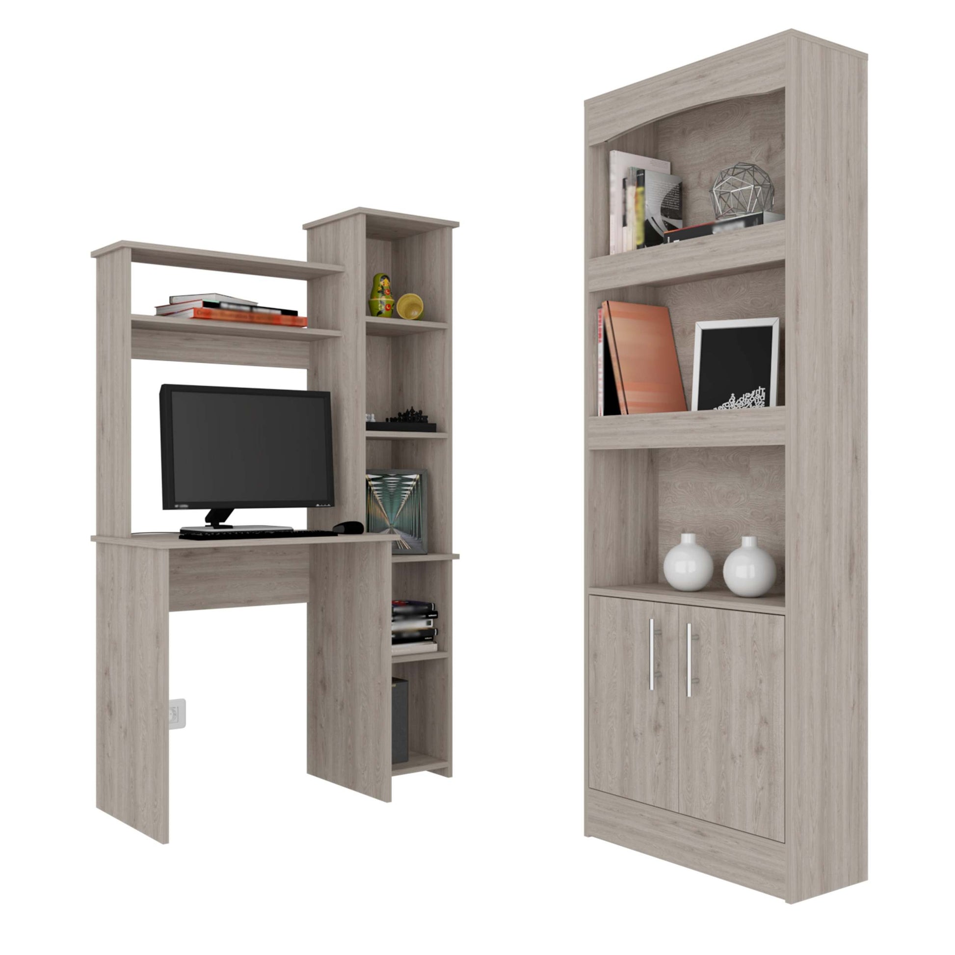 2 Piece Office Set, Bookcase Desk, Light Gray Light Gray Particle Board Particle Board