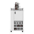 White 4 Wheel Bar Cart Cabinet For Kitchen Or Living Room, With 6 Built In Bottle Racks, 1 Interior Shelve, 2 Side Shelves, 1 Space With Wood Door To Store Glasses, Cups, Coffee Or Snacks. White Particle Board Particle Board