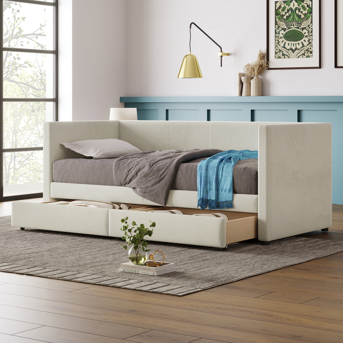 Twin Size Corduroy Daybed With Two Drawers And Wood Slat, Beige Beige Corduroy