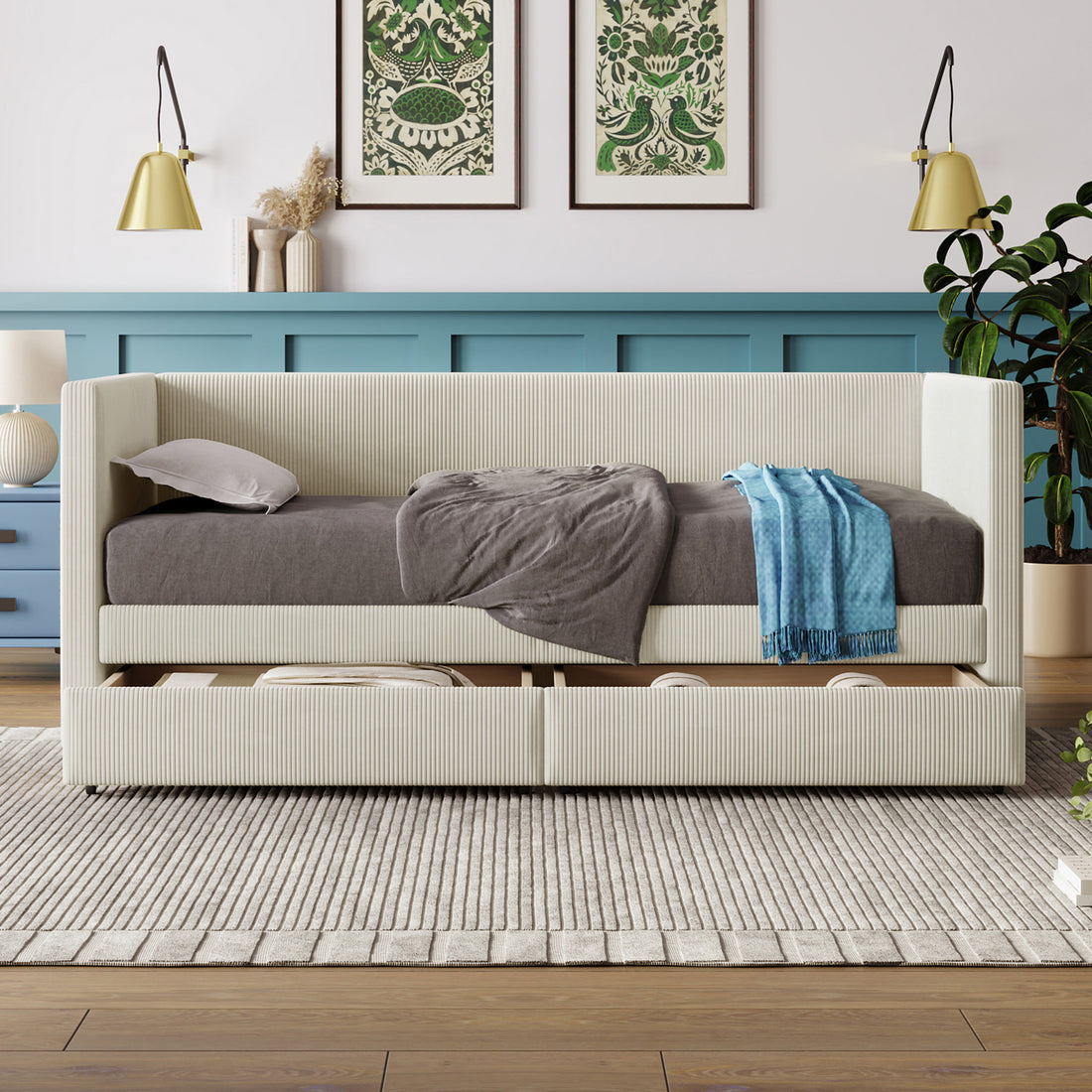 Twin Size Corduroy Daybed With Two Drawers And Wood Slat, Beige Beige Corduroy