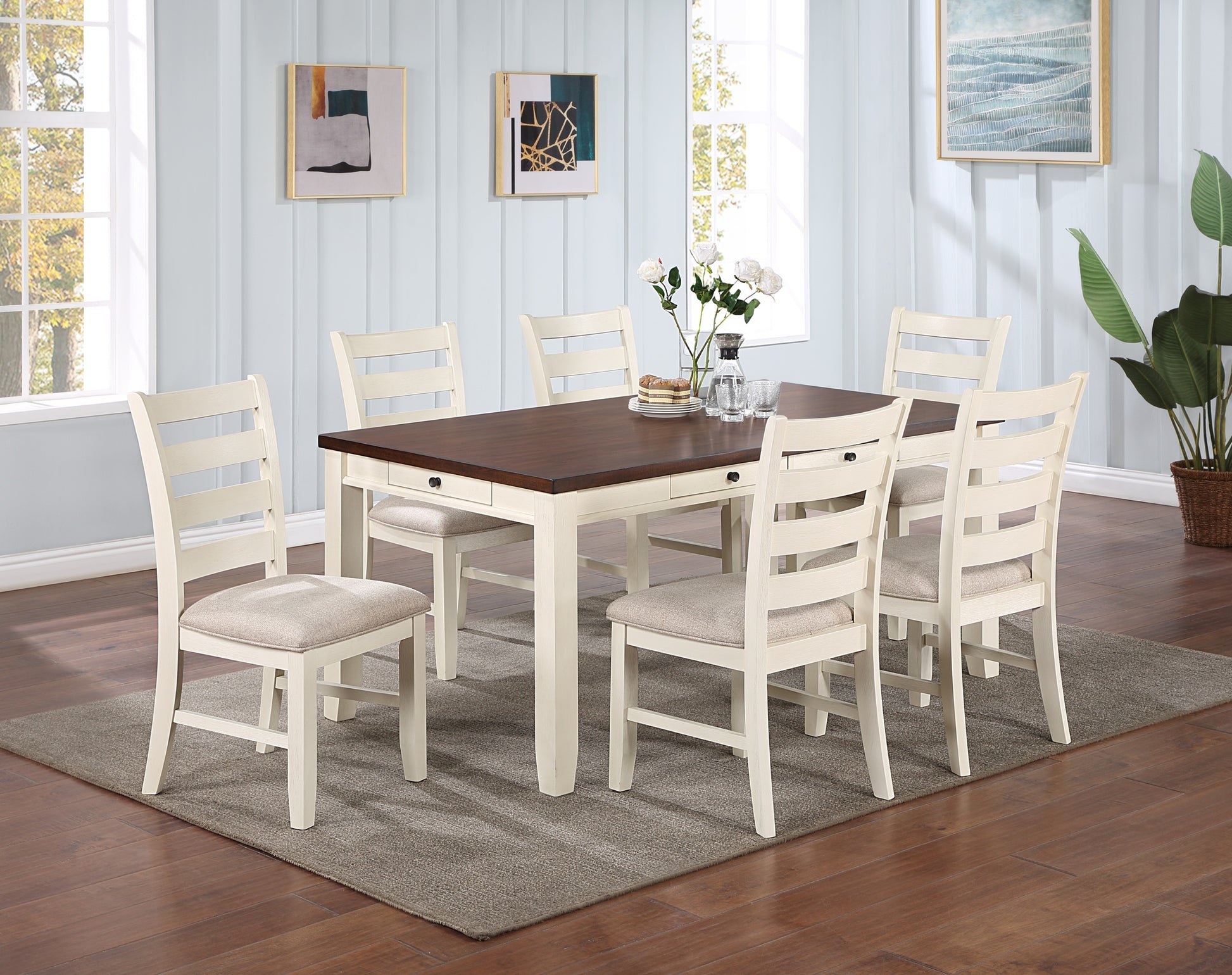 Classic Dining Room Furniture Rectangular Dining Table 1Pc Dining Table Only White Rubberwood Walnut Acacia Veneer Table Top W Pull Out Drawers White Walnut White Dining Room Classic,Contemporary,Modern,Transitional Rubberwood Rectangular Kitchen &