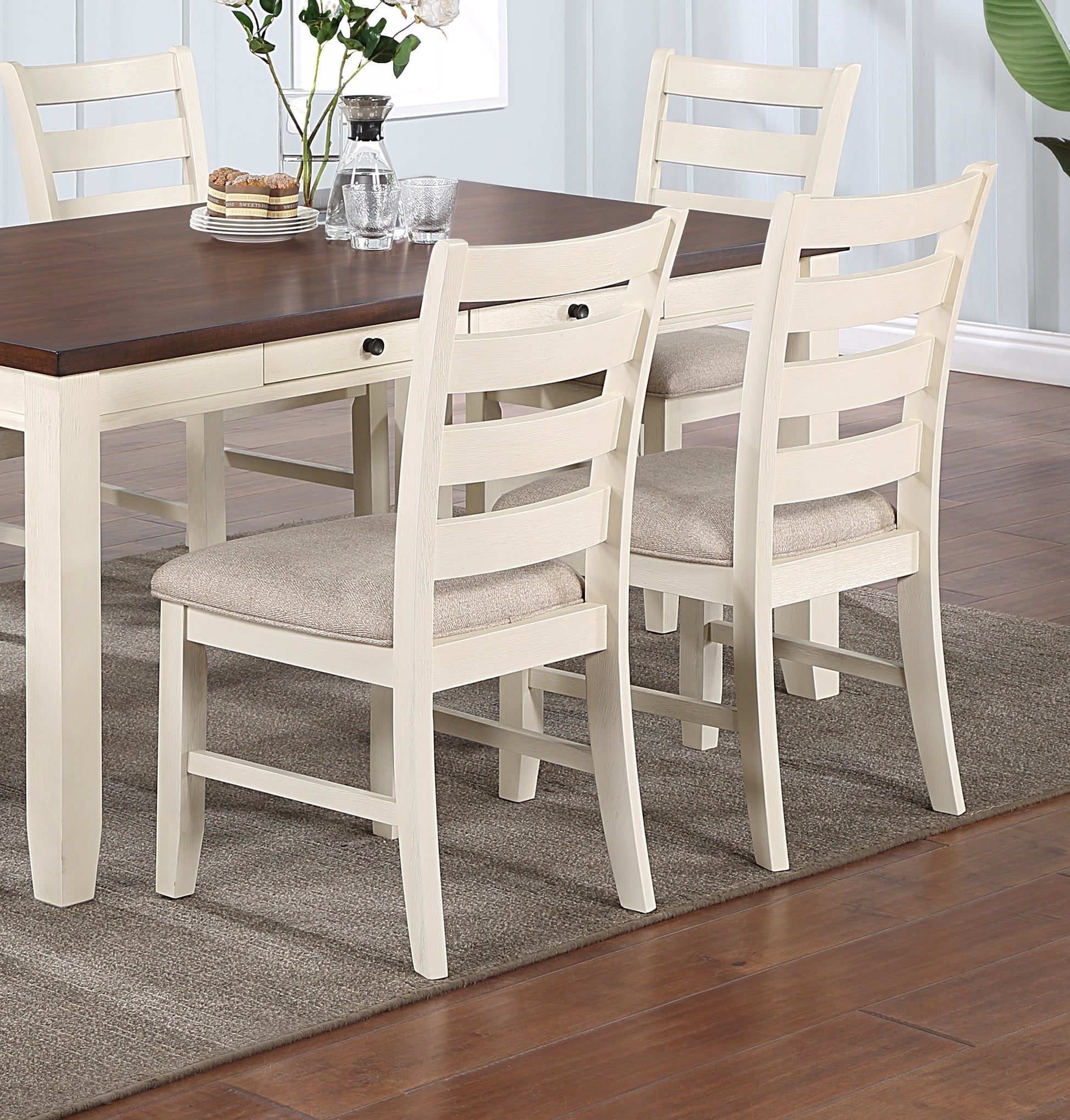 Gorgeous Classic Dining Room Furniture 7Pc Dining Set Dining Table W Drawers 6X Side Chairs White Rubberwood Walnut Acacia Veneer Ladder Back Chair White Wood Dining Room Rubberwood Rectangular Dining Table With Chair Wood Wood White Ladder Back Seats 6