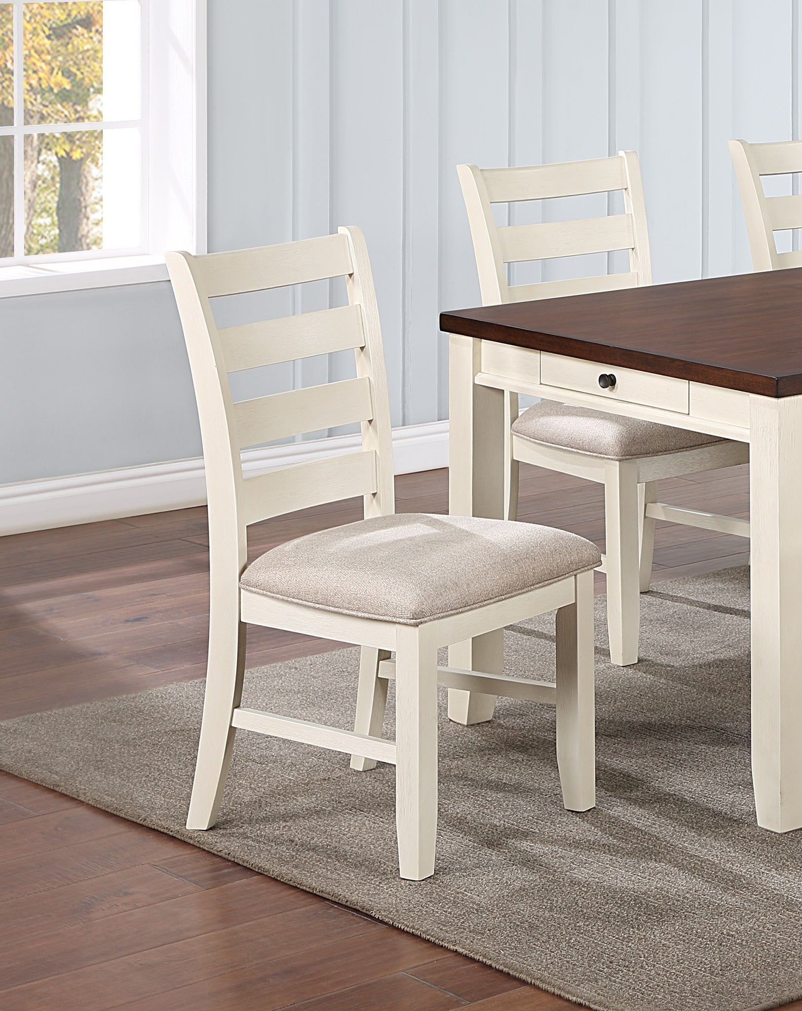 White Classic 2Pcs Dining Chairs Set Rubberwood Beige Fabric Cushion Seats Ladder Backs Dining Room Furniture Side Chair White Dining Room Foam Classic,Contemporary,Modern,Transitional Dining Chairs Rubberwood Ladder Back Solid Wood