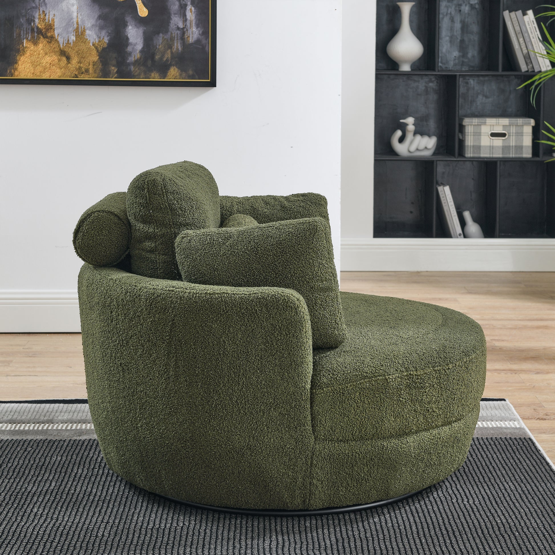 39"W Oversized Swivel Chair With Moon Storage Ottoman For Living Room, Modern Accent Round Loveseat Circle Swivel Barrel Chairs For Bedroom Cuddle Sofa Chair Lounger Armchair, 4 Pillows, Teddy Fabric Green Foam Fabric