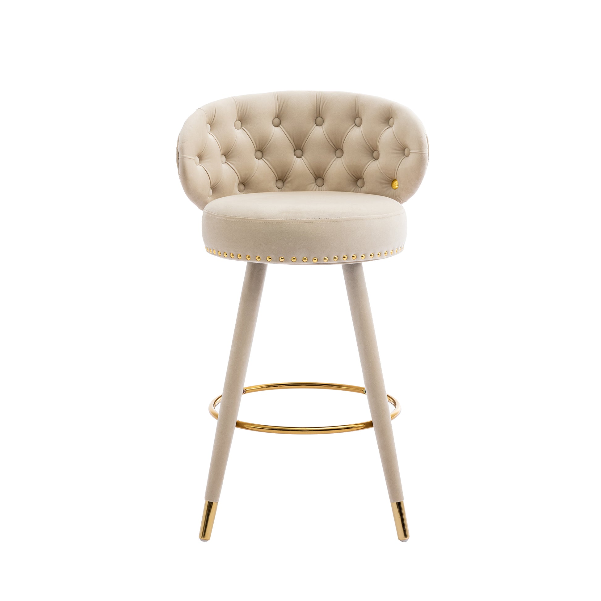 Coolmore Counter Height Bar Stools Set Of 2 For Kitchen Counter Solid Wood Legs With A Fixed Height Of 360 Degrees Beige Velvet