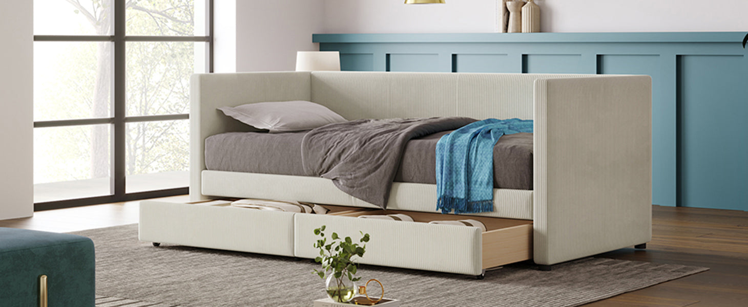 Twin Size Corduroy Daybed With Two Drawers And Wood Slat, Beige Beige Corduroy