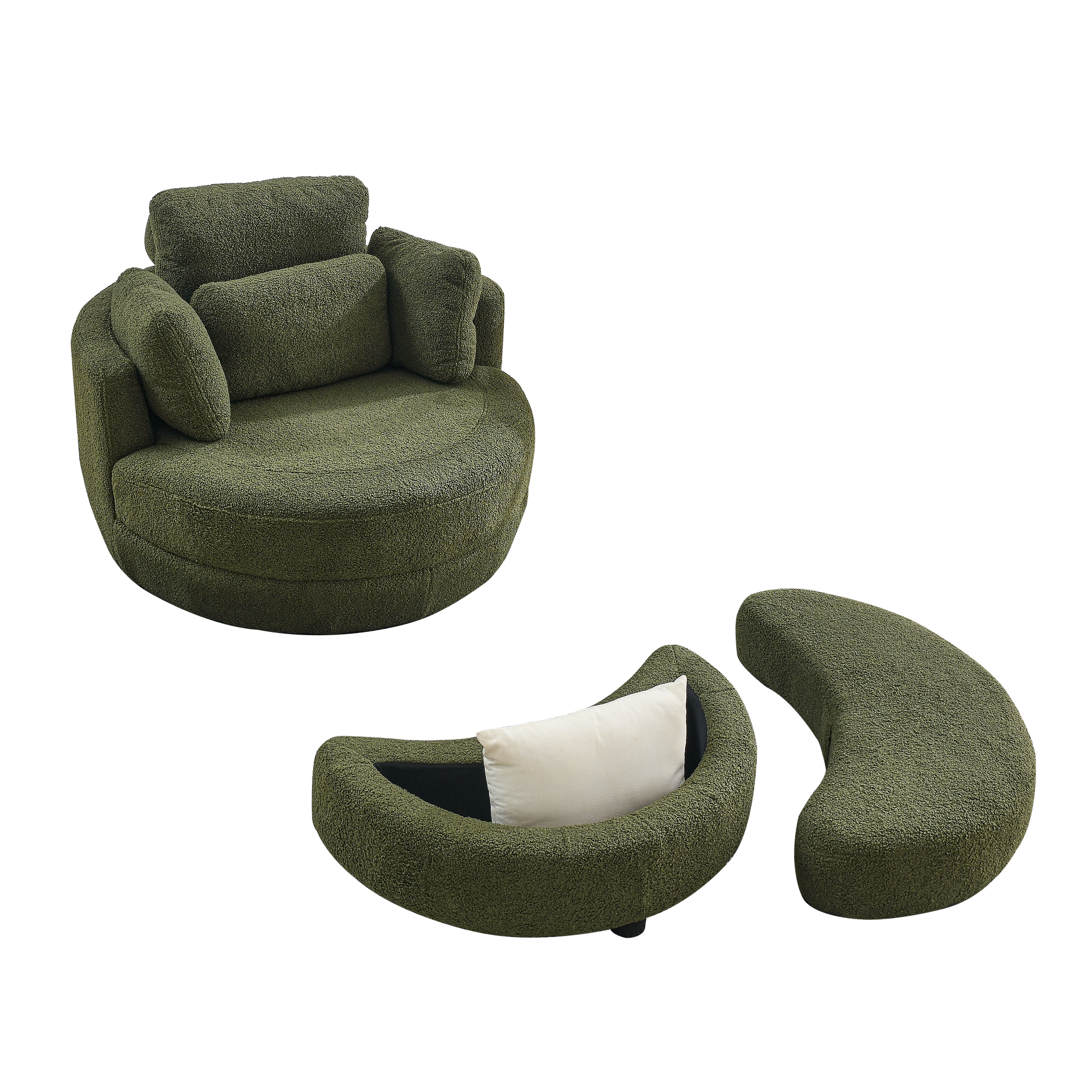39"W Oversized Swivel Chair With Moon Storage Ottoman For Living Room, Modern Accent Round Loveseat Circle Swivel Barrel Chairs For Bedroom Cuddle Sofa Chair Lounger Armchair, 4 Pillows, Teddy Fabric Green Foam Fabric