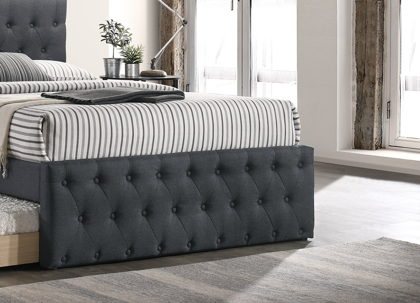 Contemporary Full Size Bed W Trundle Slats Charcoal Burlap Upholstered Button Tufted Headboard Footboard Youth Bedroom Furniture Wooden Slats 1Pc Bed Charcoal Grey Bedroom Contemporary,Modern,Transitional Mdf Particle Board