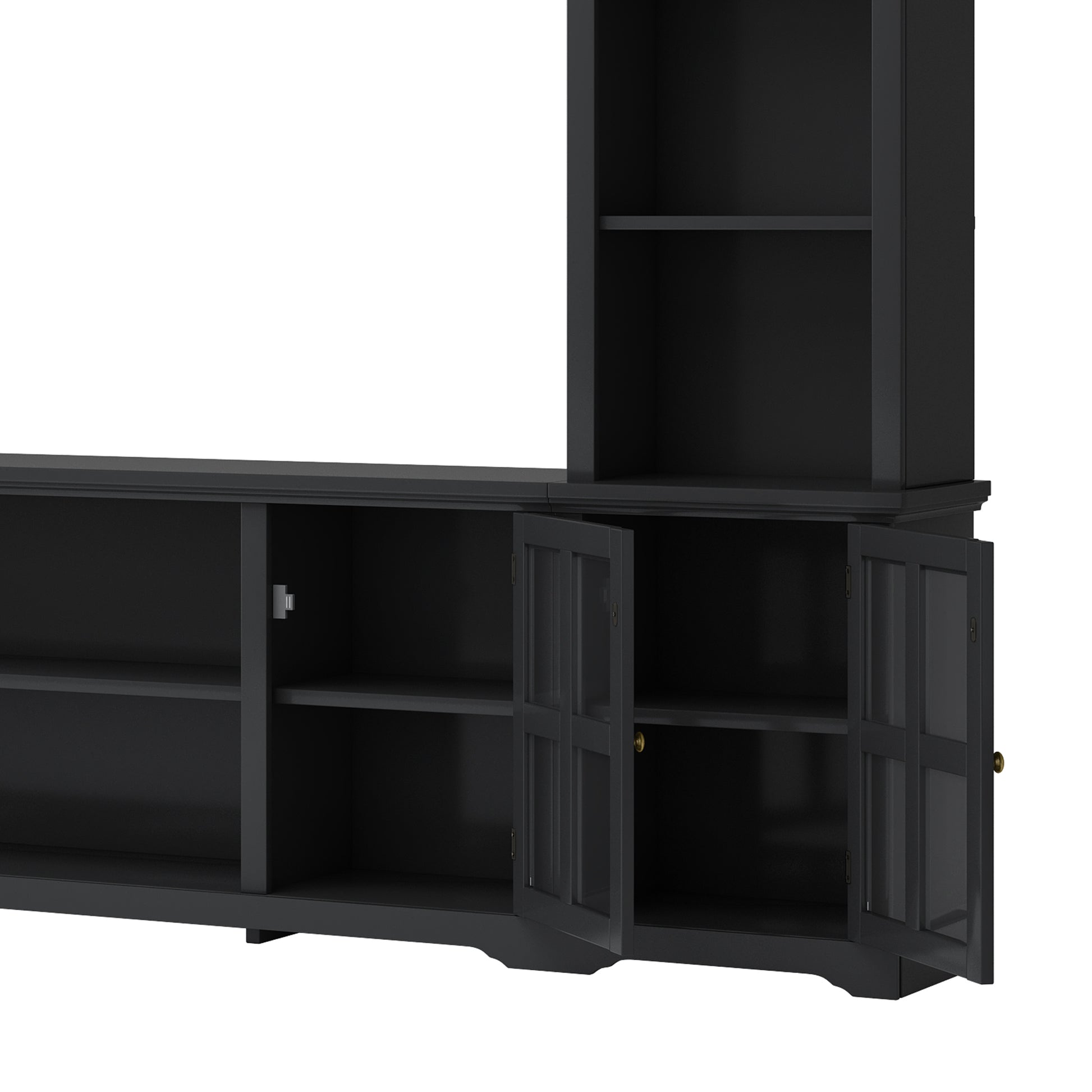 Minimalism Entertainment Wall Unit With Bridge, Modern Tv Console Table For Tvs Up To 70", Multifunctional Tv Stand With Tempered Glass Door, Black Old Sku: Sd000009Aab Black 70 79 Inches Particle Board