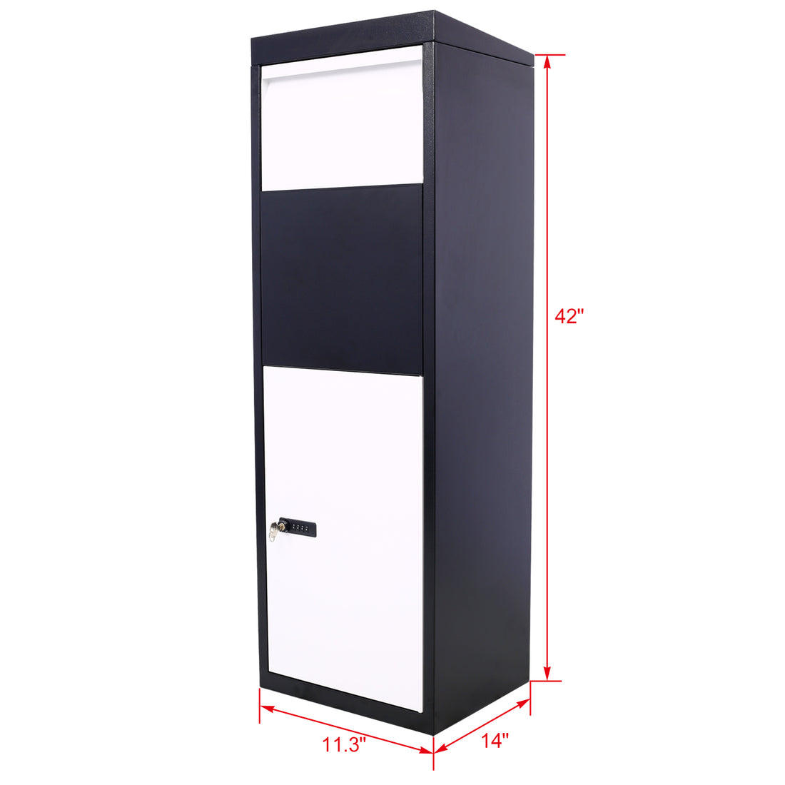 Package Delivery Box, 14'' X 11.3'' X 42'', Galvanized Steel Parcel Mailbox W Code Lock & Mounting Hardware, For Outdoor Porch, Curbside, Black And White White Black Steel