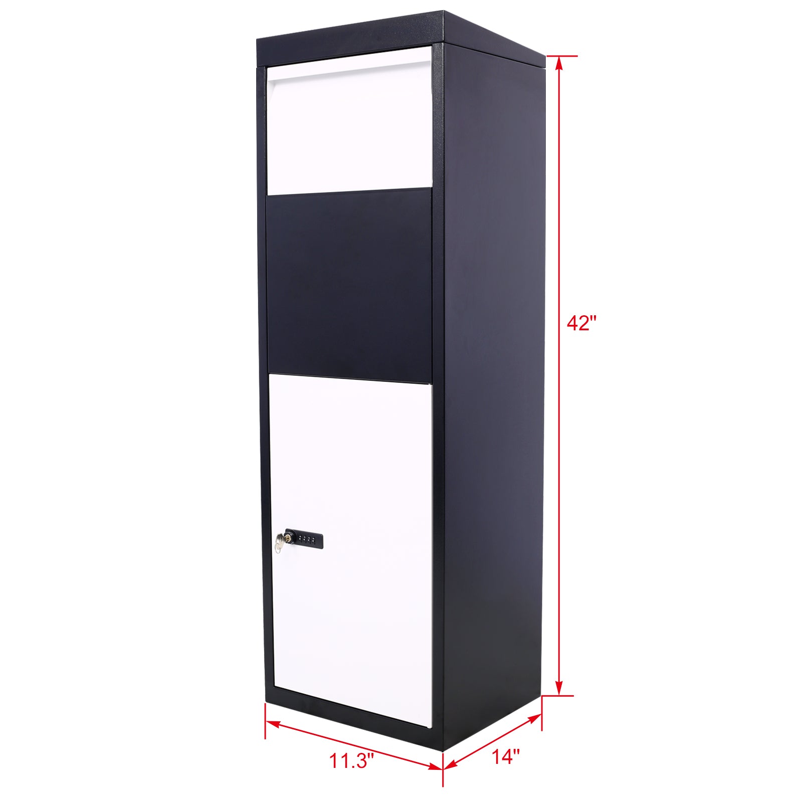 Package Delivery Box, 14'' X 11.3'' X 42'', Galvanized Steel Parcel Mailbox W Code Lock & Mounting Hardware, For Outdoor Porch, Curbside, Black And White White Black Steel