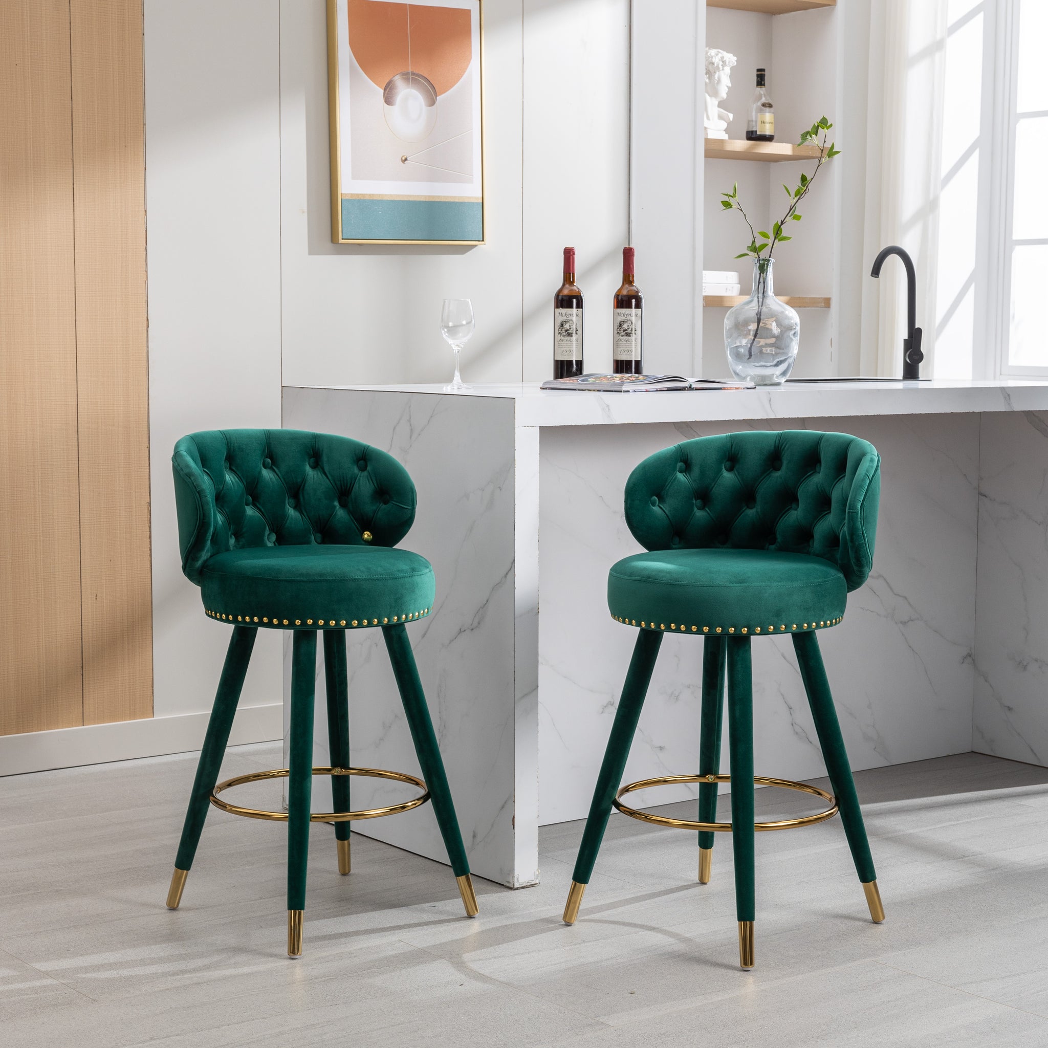 Coolmore Counter Height Bar Stools Set Of 2 For Kitchen Counter Solid Wood Legs With A Fixed Height Of 360 Degrees Emerald Velvet