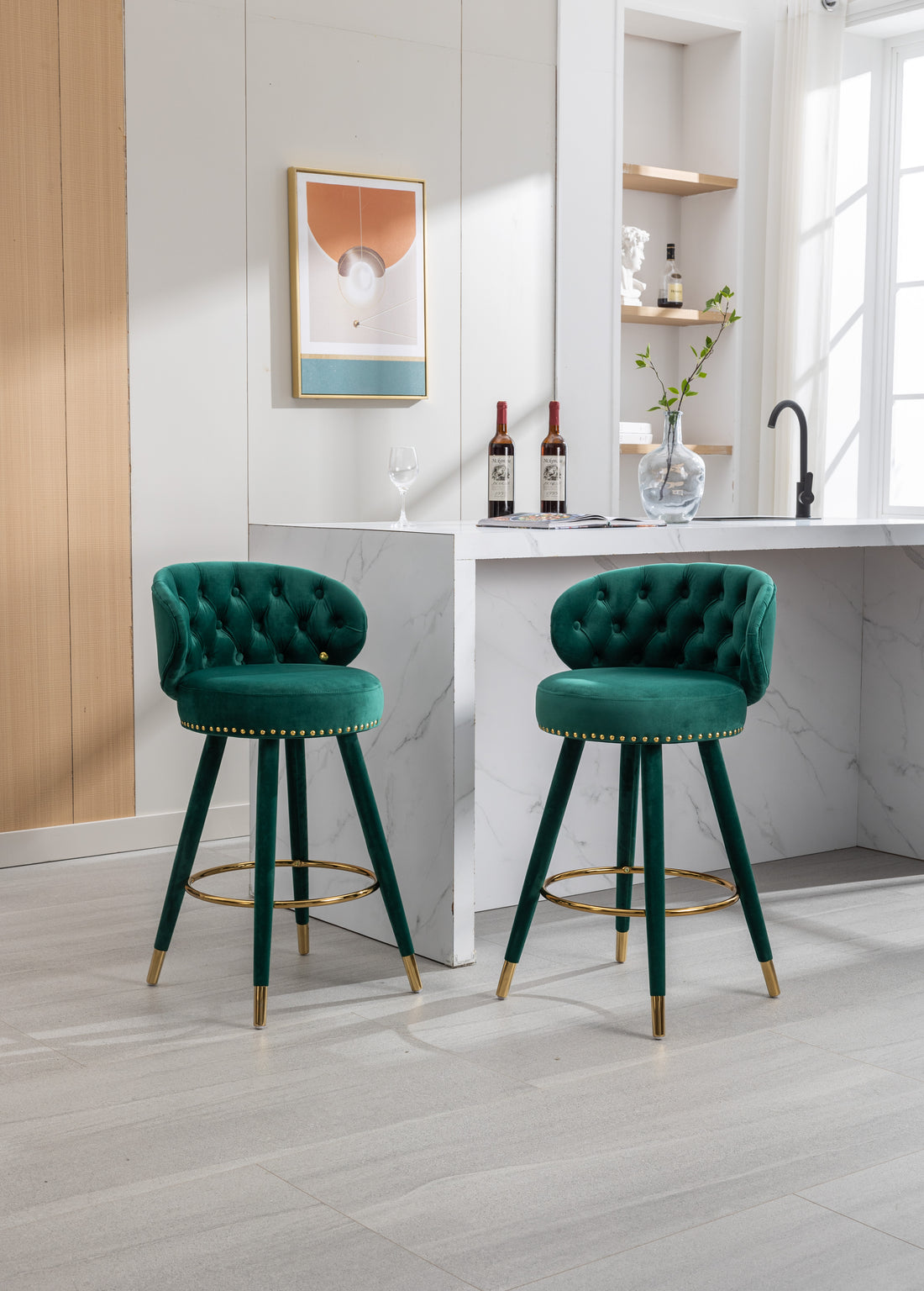 Coolmore Counter Height Bar Stools Set Of 2 For Kitchen Counter Solid Wood Legs With A Fixed Height Of 360 Degrees Emerald Velvet