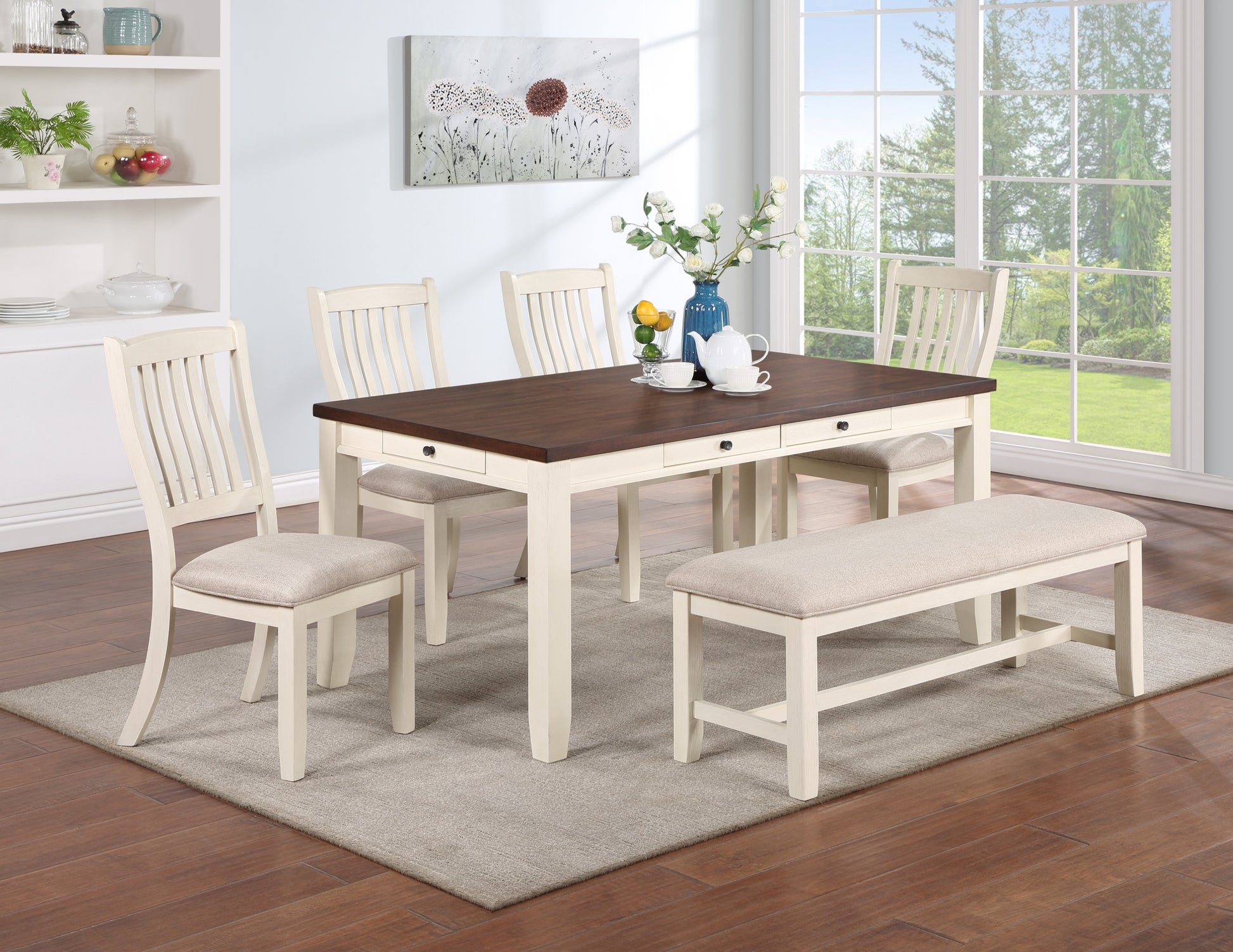 White Classic 1Pc Bench Rubberwood Beige Fabric Cushion Seats Dining Room Furniture Bench White White Dining Room Classic,Contemporary,Modern,Transitional Rubberwood Rubberwood Solid Wood