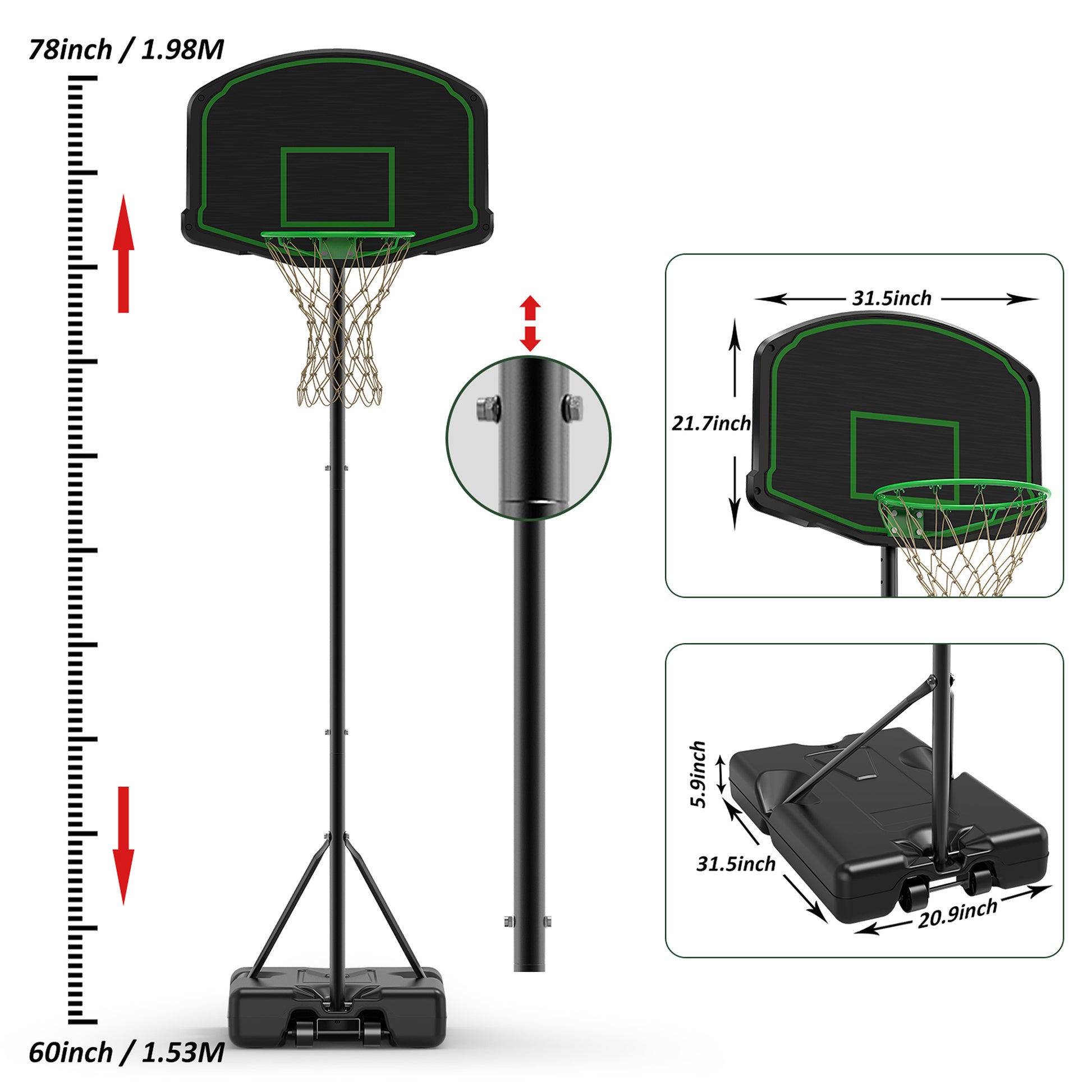 Basketball Hoop System Stand With 30In Backboard, Height Adjustable 60Inch 78Inch For Indoor Outdoor, Fillable Base With Wheels For Kids, Youth Black Steel
