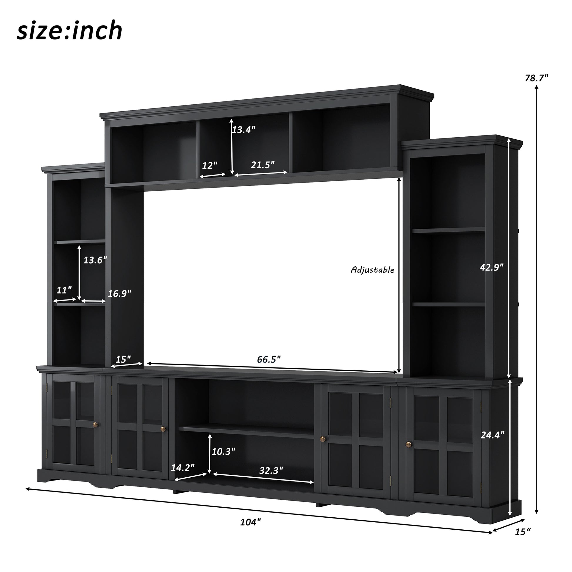 Minimalism Style Entertainment Wall Unit With Bridge, Modern Tv Console Table For Tvs Up To 70", Multifunctional Tv Stand With Tempered Glass Door, Black Black 70 79 Inches Particle Board