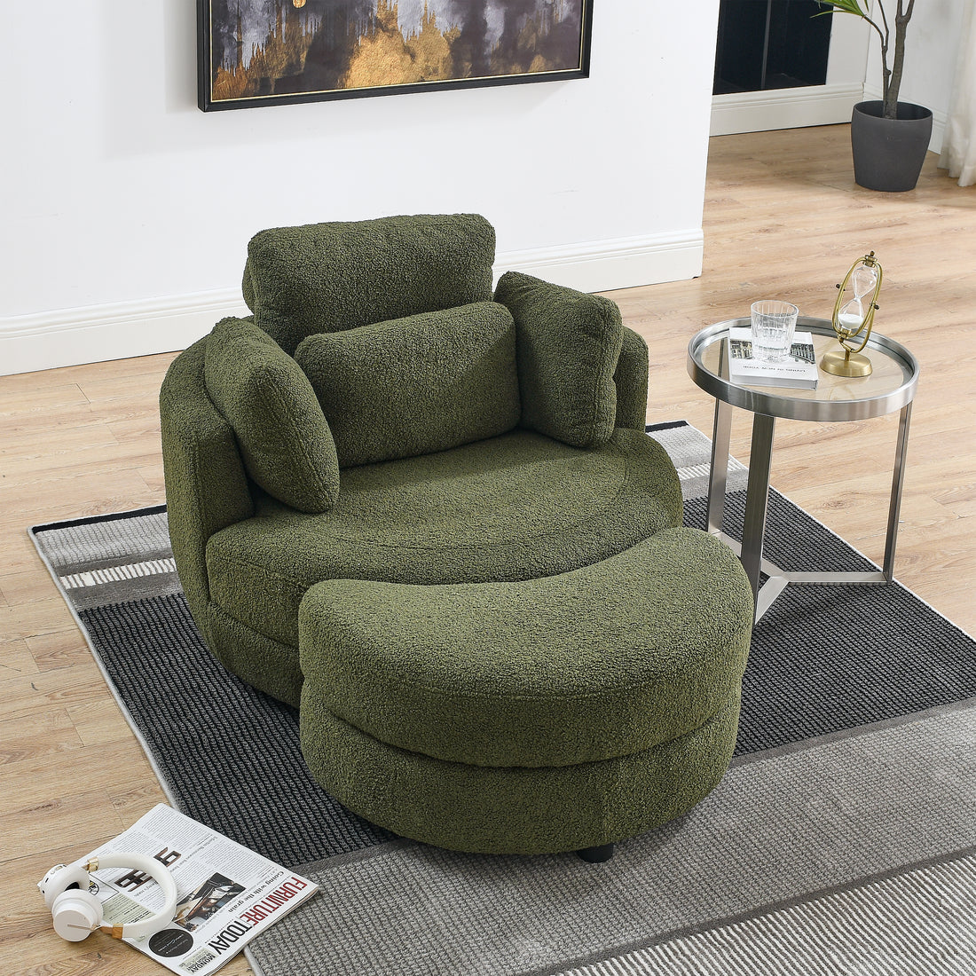 39"W Oversized Swivel Chair With Moon Storage Ottoman For Living Room, Modern Accent Round Loveseat Circle Swivel Barrel Chairs For Bedroom Cuddle Sofa Chair Lounger Armchair, 4 Pillows, Teddy Fabric Green Foam Fabric