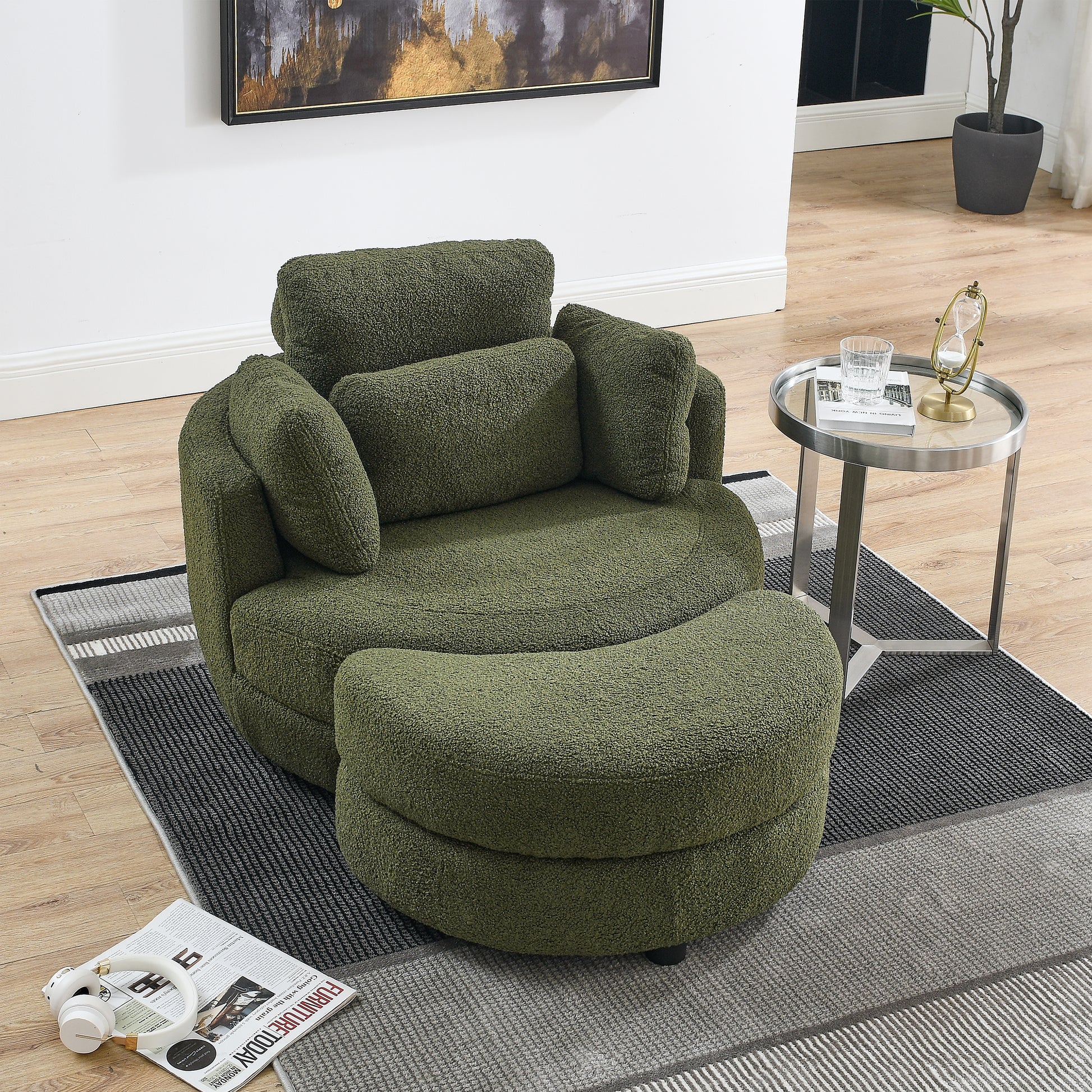 39"W Oversized Swivel Chair With Moon Storage Ottoman For Living Room, Modern Accent Round Loveseat Circle Swivel Barrel Chairs For Bedroom Cuddle Sofa Chair Lounger Armchair, 4 Pillows, Teddy Fabric Green Foam Fabric