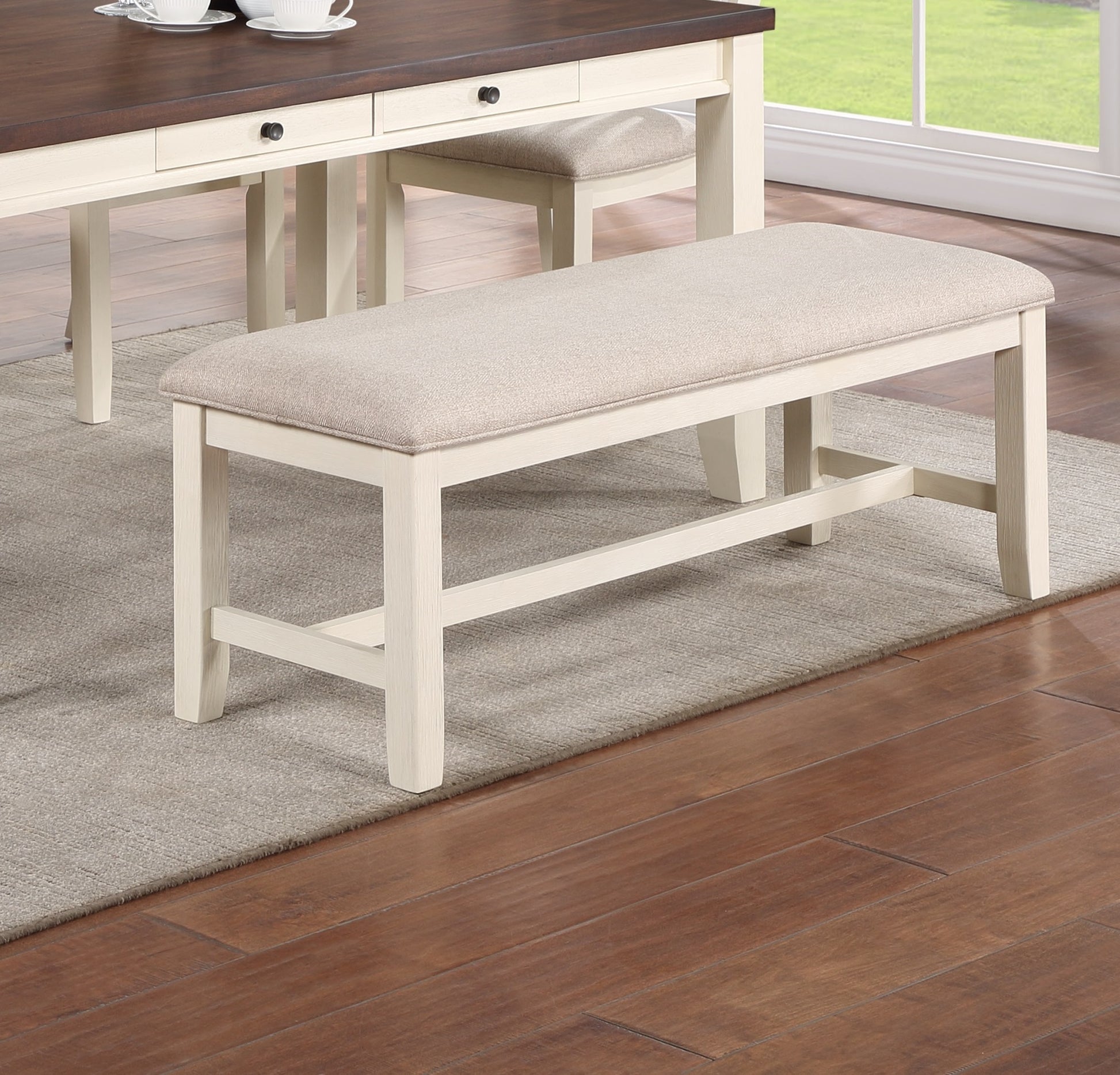 Luxury Look Dining Room Furniture 6Pc Dining Set Dining Table W Drawers 4X Side Chairs 1X Bench White Rubberwood Walnut Acacia Veneer Ladder Back Chair White Wood Dining Room Bench Seating Rubberwood Rectangular Dining Table With Chair And Bench Wood