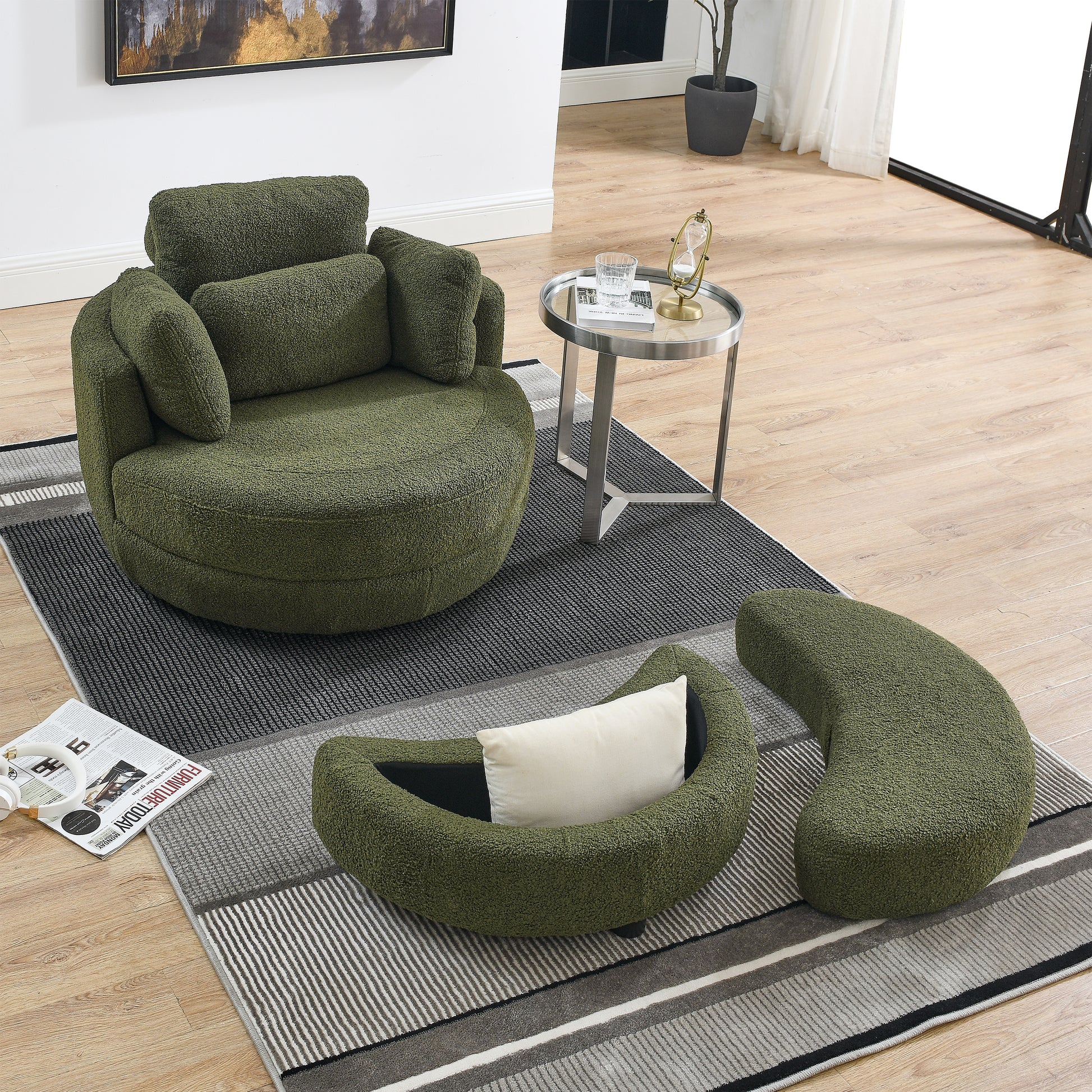 39"W Oversized Swivel Chair With Moon Storage Ottoman For Living Room, Modern Accent Round Loveseat Circle Swivel Barrel Chairs For Bedroom Cuddle Sofa Chair Lounger Armchair, 4 Pillows, Teddy Fabric Green Foam Fabric