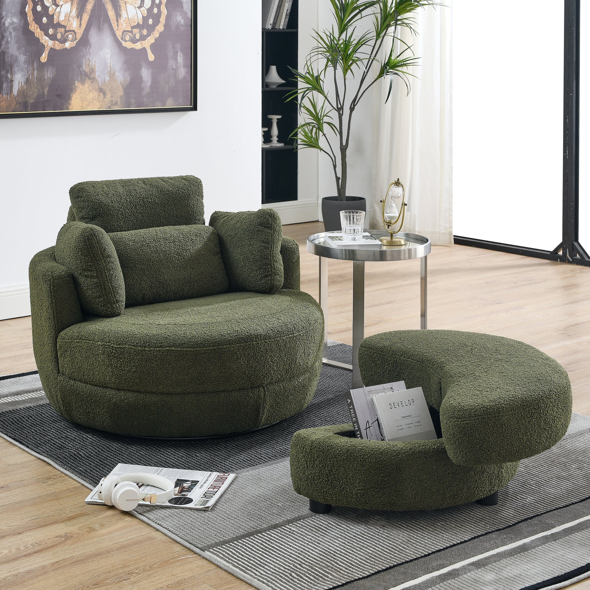 39"W Oversized Swivel Chair With Moon Storage Ottoman For Living Room, Modern Accent Round Loveseat Circle Swivel Barrel Chairs For Bedroom Cuddle Sofa Chair Lounger Armchair, 4 Pillows, Teddy Fabric Green Foam Fabric