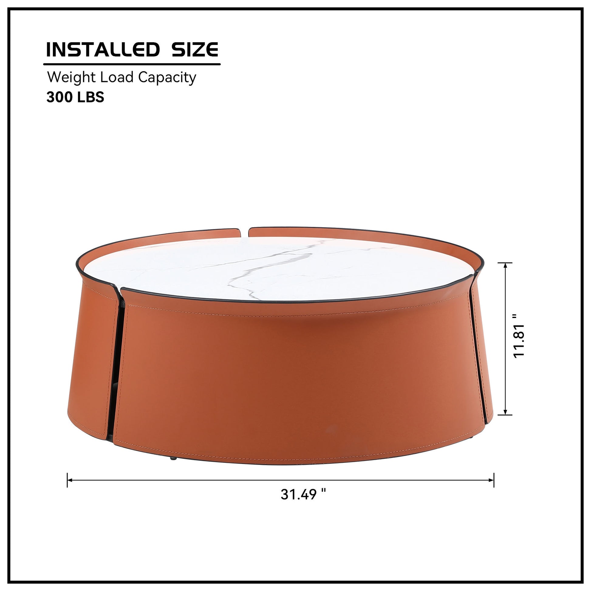 Not Available On 31.5Inch Coffee Table, Marble Top Orange Saddle Leather Body Iron Frame Orange Metal
