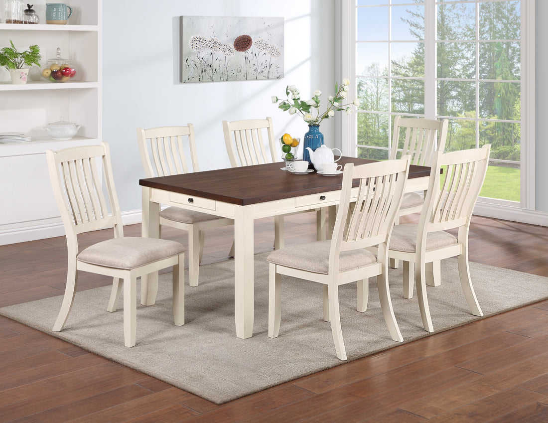 Classic Dining Room Furniture 7Pc Dining Set Dining Table W Drawers 6X Side Chairs White Rubberwood Walnut Acacia Veneer Slats Back Chair White Wood Dining Room Rubberwood Rectangular Dining Table With Chair Wood Wood White Slat Back Seats 6 60 Inches