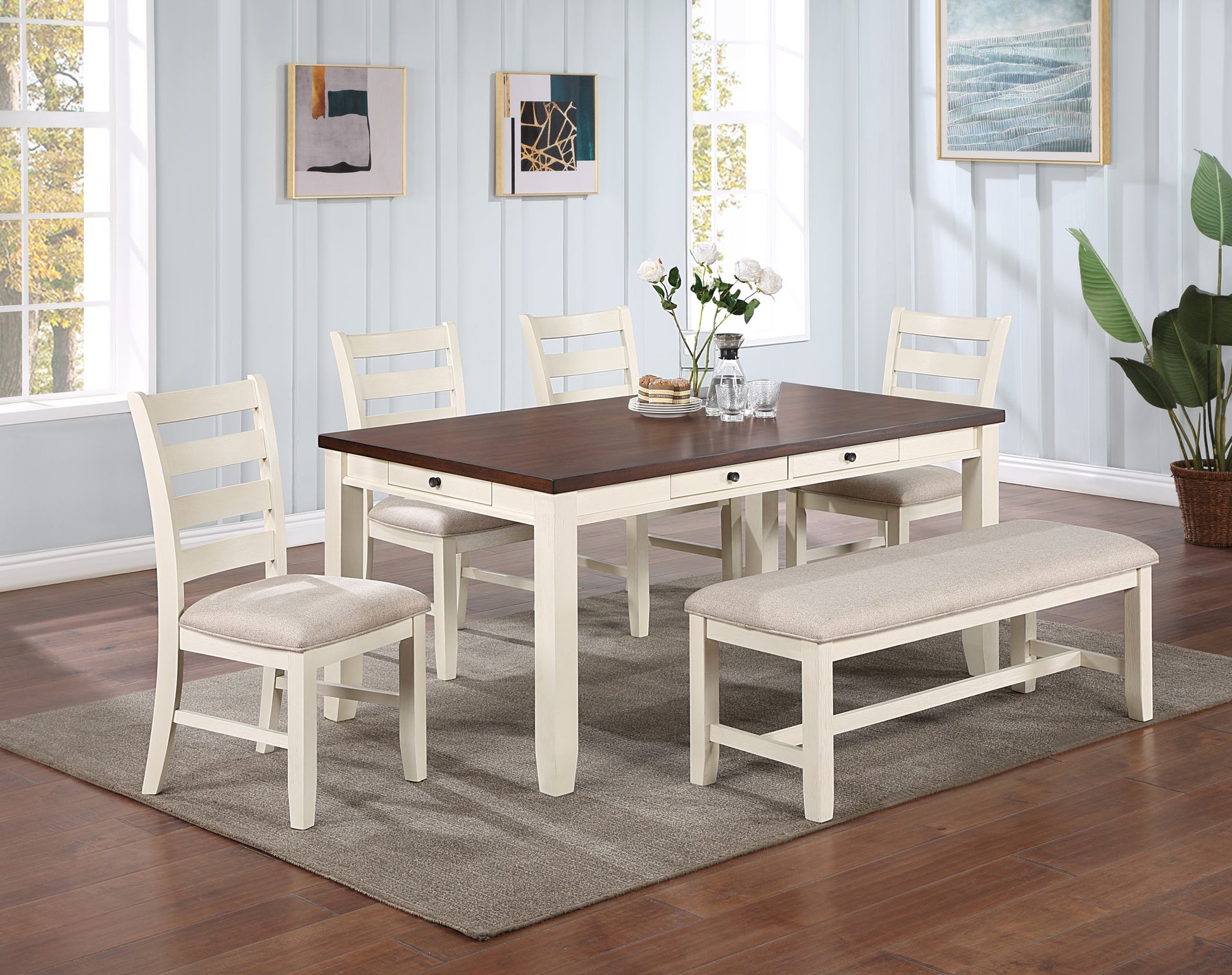 White Classic 1Pc Bench Rubberwood Beige Fabric Cushion Seats Dining Room Furniture Bench White White Dining Room Classic,Contemporary,Modern,Transitional Rubberwood Rubberwood Solid Wood