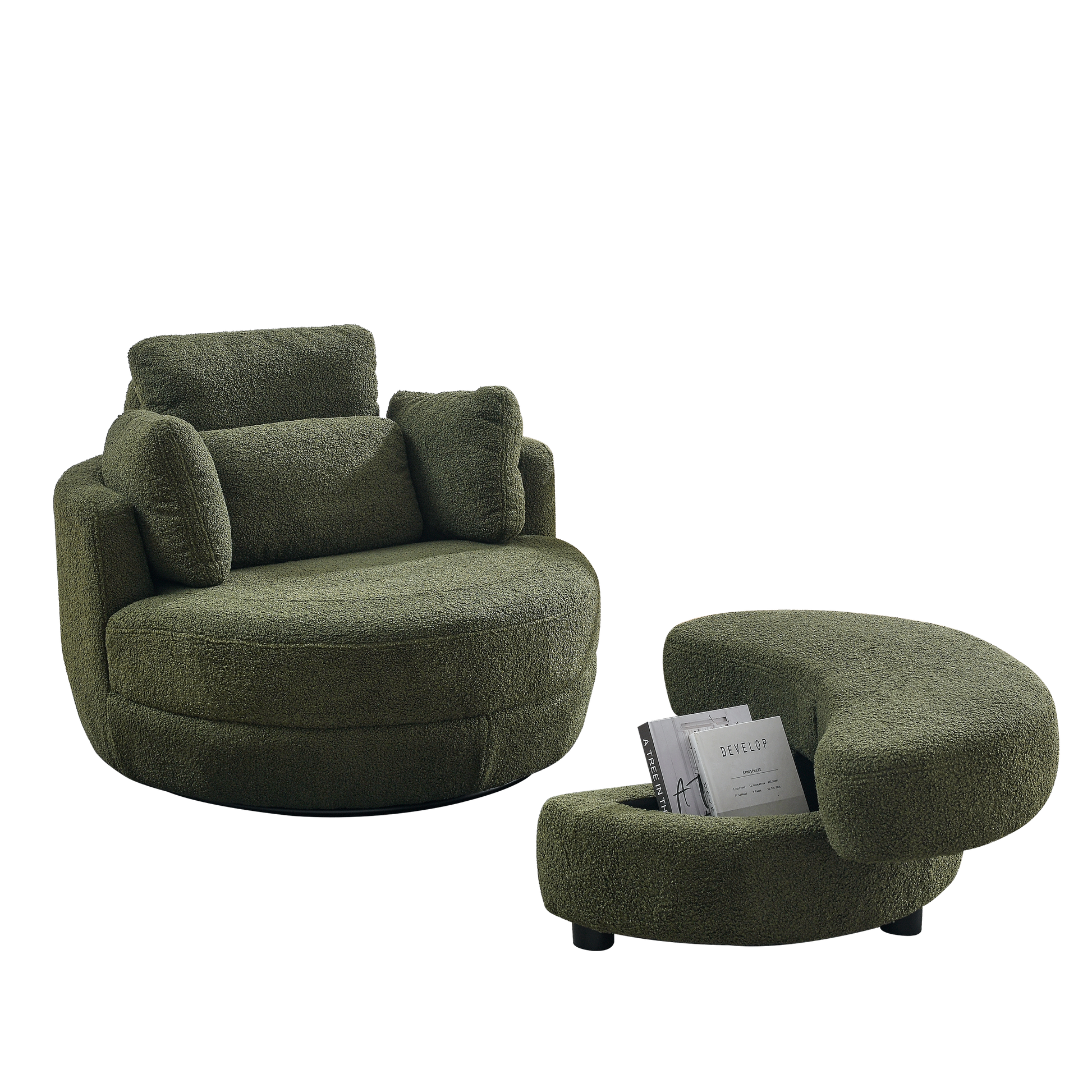 39"W Oversized Swivel Chair With Moon Storage Ottoman For Living Room, Modern Accent Round Loveseat Circle Swivel Barrel Chairs For Bedroom Cuddle Sofa Chair Lounger Armchair, 4 Pillows, Teddy Fabric Green Foam Fabric