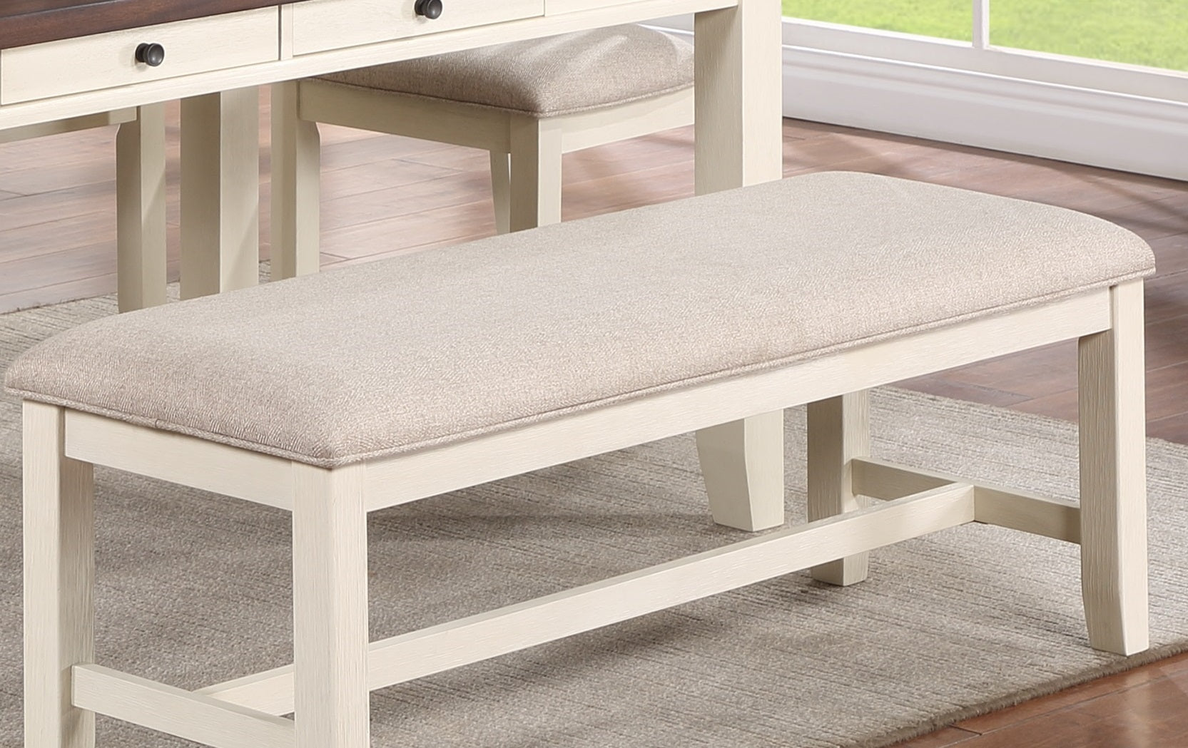 White Classic 1Pc Bench Rubberwood Beige Fabric Cushion Seats Dining Room Furniture Bench White White Dining Room Classic,Contemporary,Modern,Transitional Rubberwood Rubberwood Solid Wood