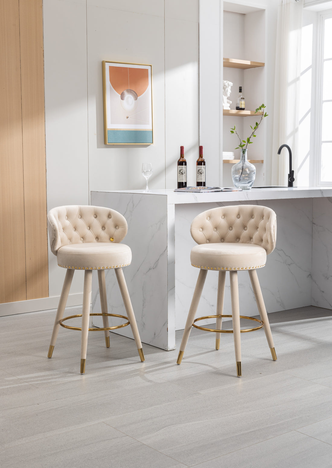 Coolmore Counter Height Bar Stools Set Of 2 For Kitchen Counter Solid Wood Legs With A Fixed Height Of 360 Degrees Beige Velvet