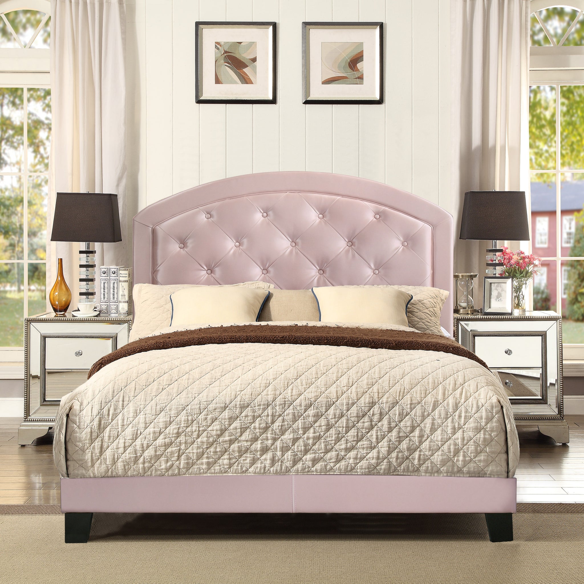 Full Upholstered Platform Bed With Adjustable Headboard 1Pc Full Size Bed Pink Fabric Pink Wood