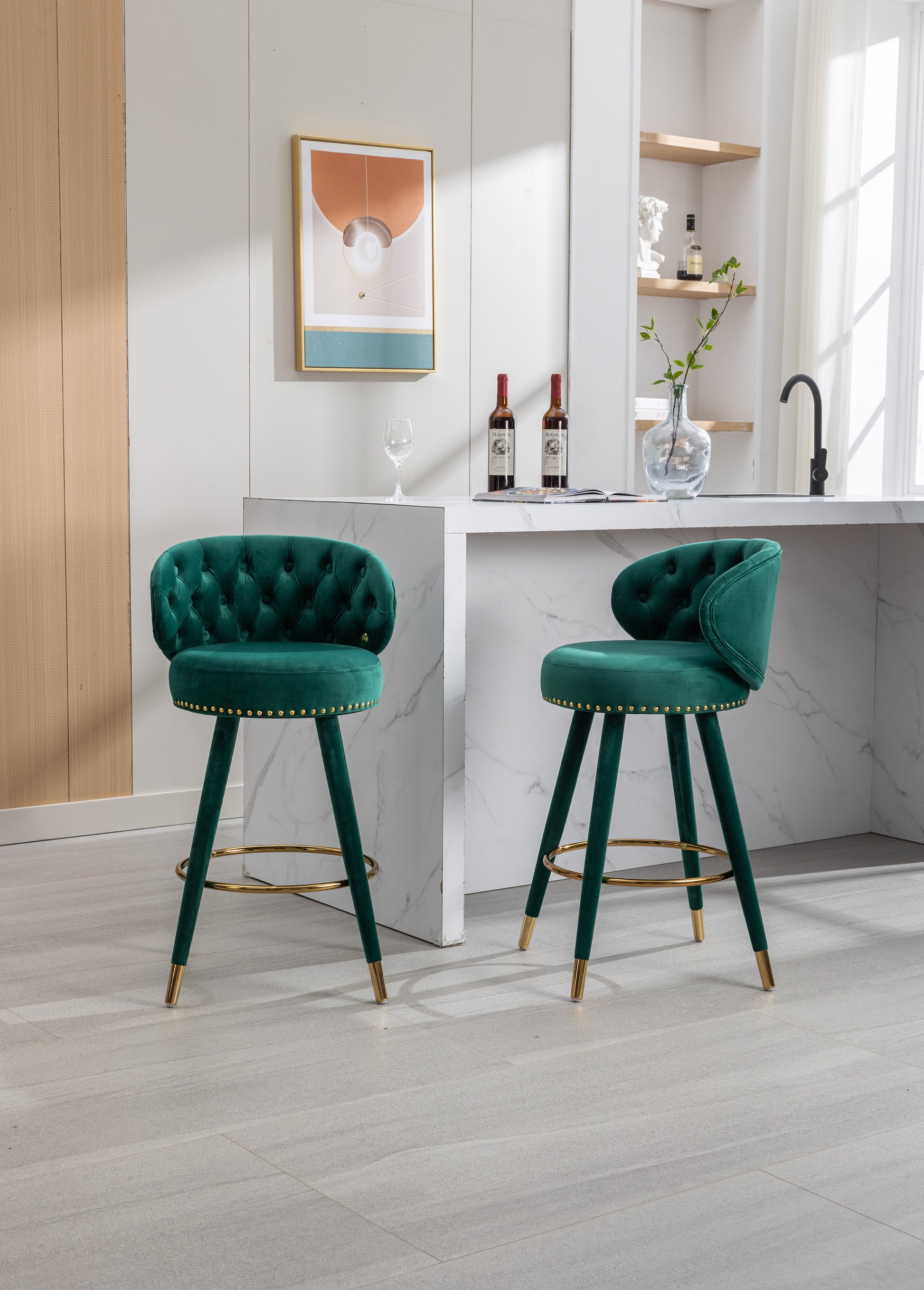 Coolmore Counter Height Bar Stools Set Of 2 For Kitchen Counter Solid Wood Legs With A Fixed Height Of 360 Degrees Emerald Velvet