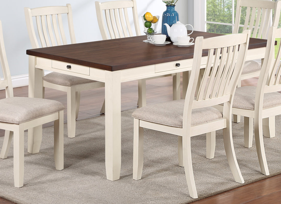 Classic Dining Room Furniture 7Pc Dining Set Dining Table W Drawers 6X Side Chairs White Rubberwood Walnut Acacia Veneer Slats Back Chair White Wood Dining Room Rubberwood Rectangular Dining Table With Chair Wood Wood White Slat Back Seats 6 60 Inches