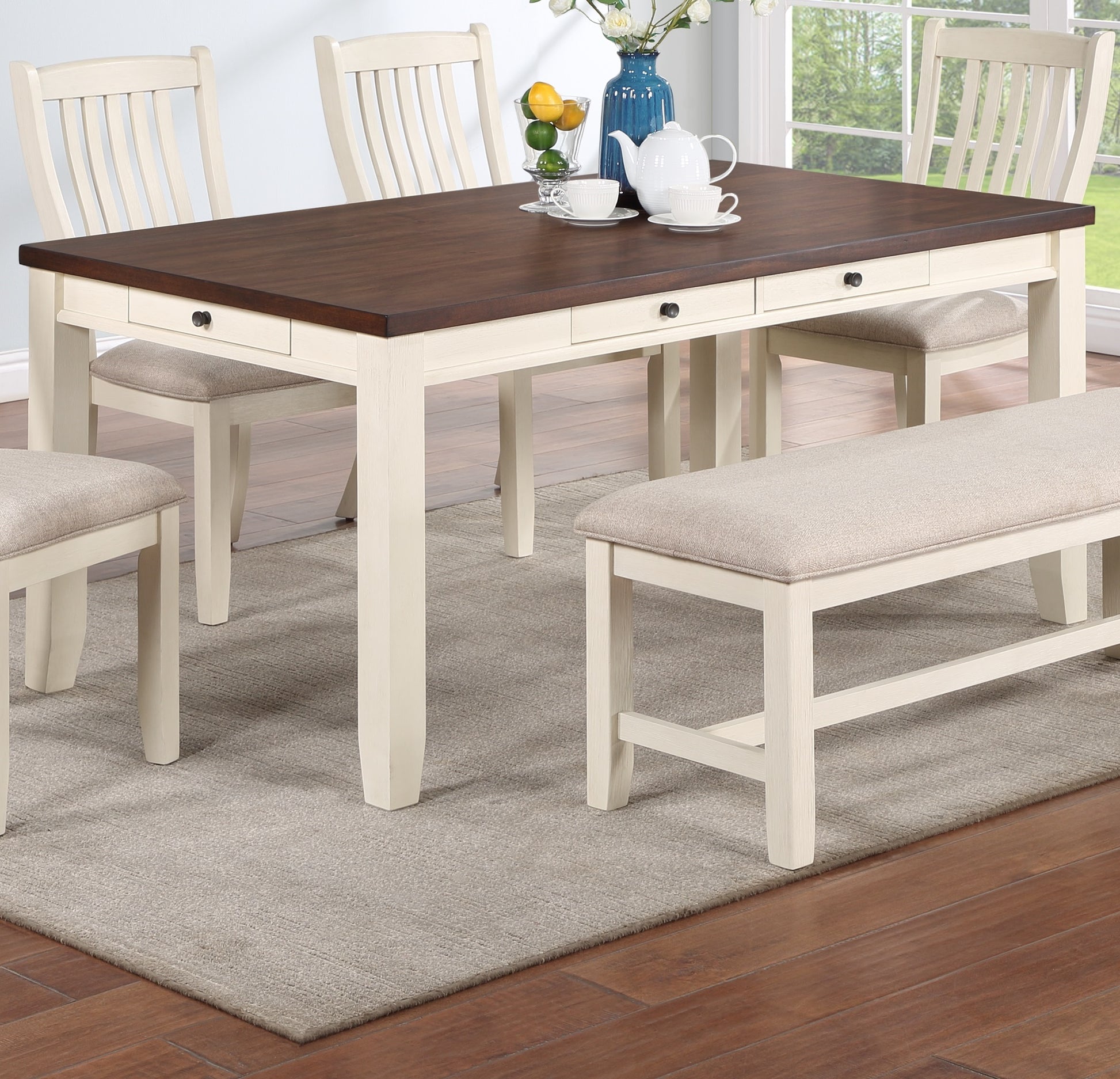 Luxury Look Dining Room Furniture 6Pc Dining Set Dining Table W Drawers 4X Side Chairs 1X Bench White Rubberwood Walnut Acacia Veneer Slat Back Chair White Wood Dining Room Bench Seating Rubberwood Rectangular Dining Table With Chair And Bench Wood Wood