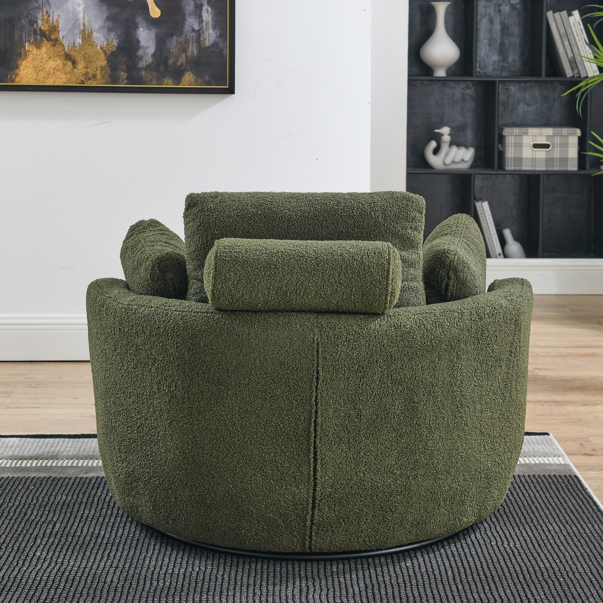 39"W Oversized Swivel Chair With Moon Storage Ottoman For Living Room, Modern Accent Round Loveseat Circle Swivel Barrel Chairs For Bedroom Cuddle Sofa Chair Lounger Armchair, 4 Pillows, Teddy Fabric Green Foam Fabric