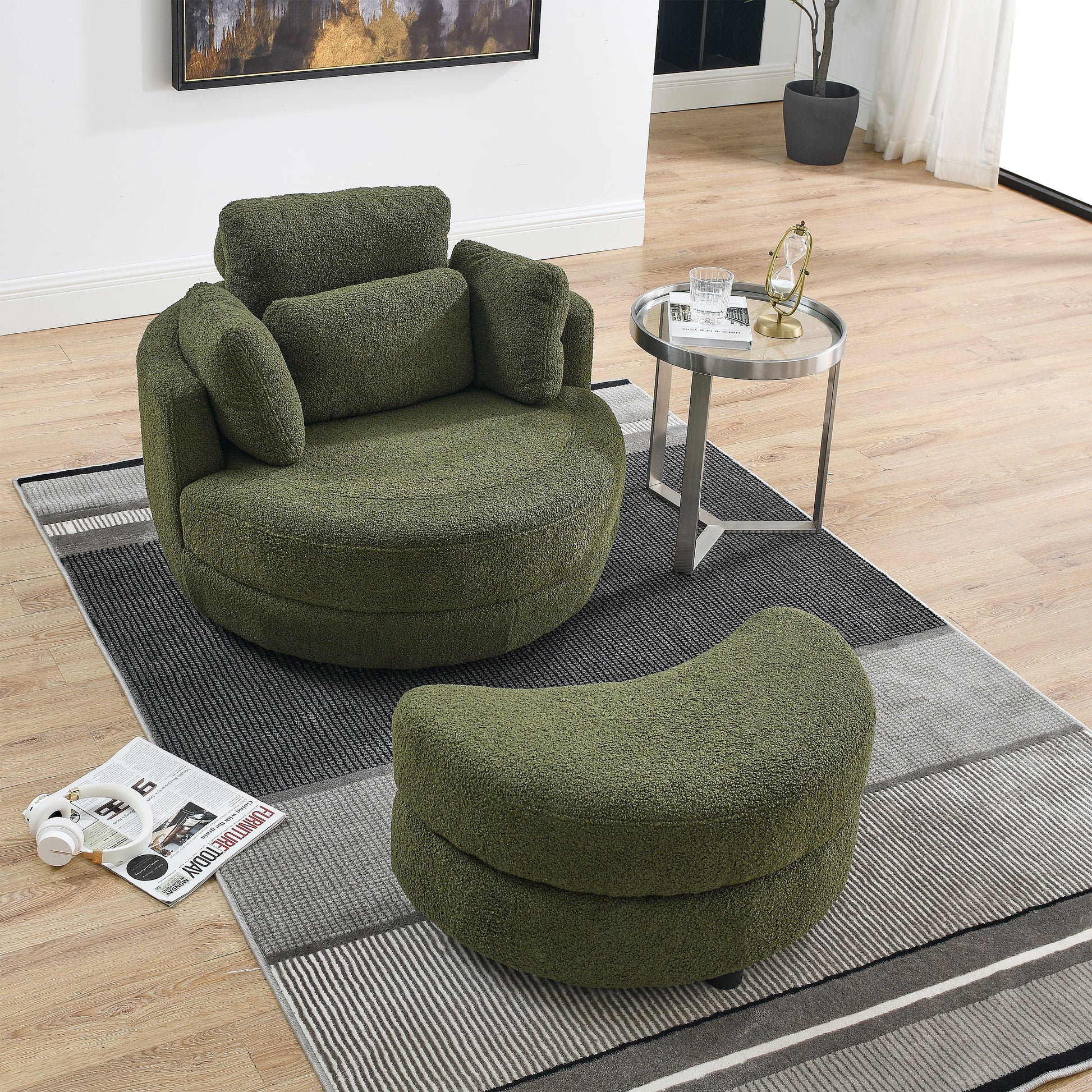39"W Oversized Swivel Chair With Moon Storage Ottoman For Living Room, Modern Accent Round Loveseat Circle Swivel Barrel Chairs For Bedroom Cuddle Sofa Chair Lounger Armchair, 4 Pillows, Teddy Fabric Green Foam Fabric