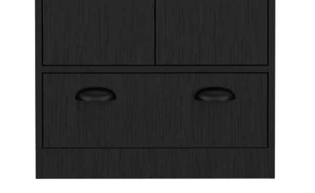 Black Dresser Closet With Upper Storage Covered With 1 Door, This Wardrobe Also Has 2 Central Shelves And 1 Tube For Hanging Clothes Covered By 2 Doors, And 1 Drawer At The Bottom. Black Particle Board Particle Board