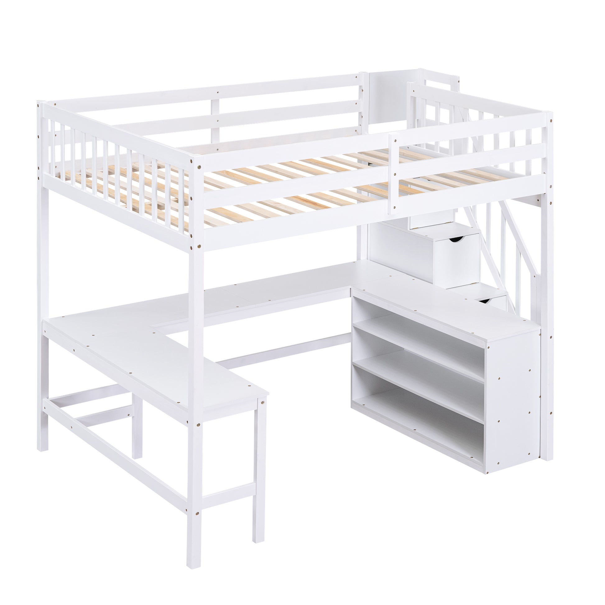 Full Size Loft Bed With Built In L Shaped Desk And Three Tier Storage Shelves,And Attached Storage Staircase, White Old Sku: Gx001809Aak Full White Pine