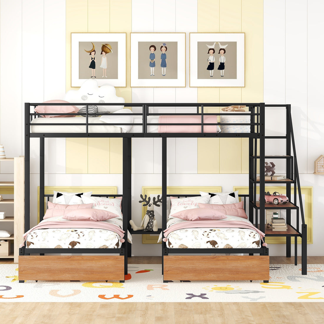 Full Over Twin Twin Triple Bunk Bed With Drawers And Staircase, Black Black Metal