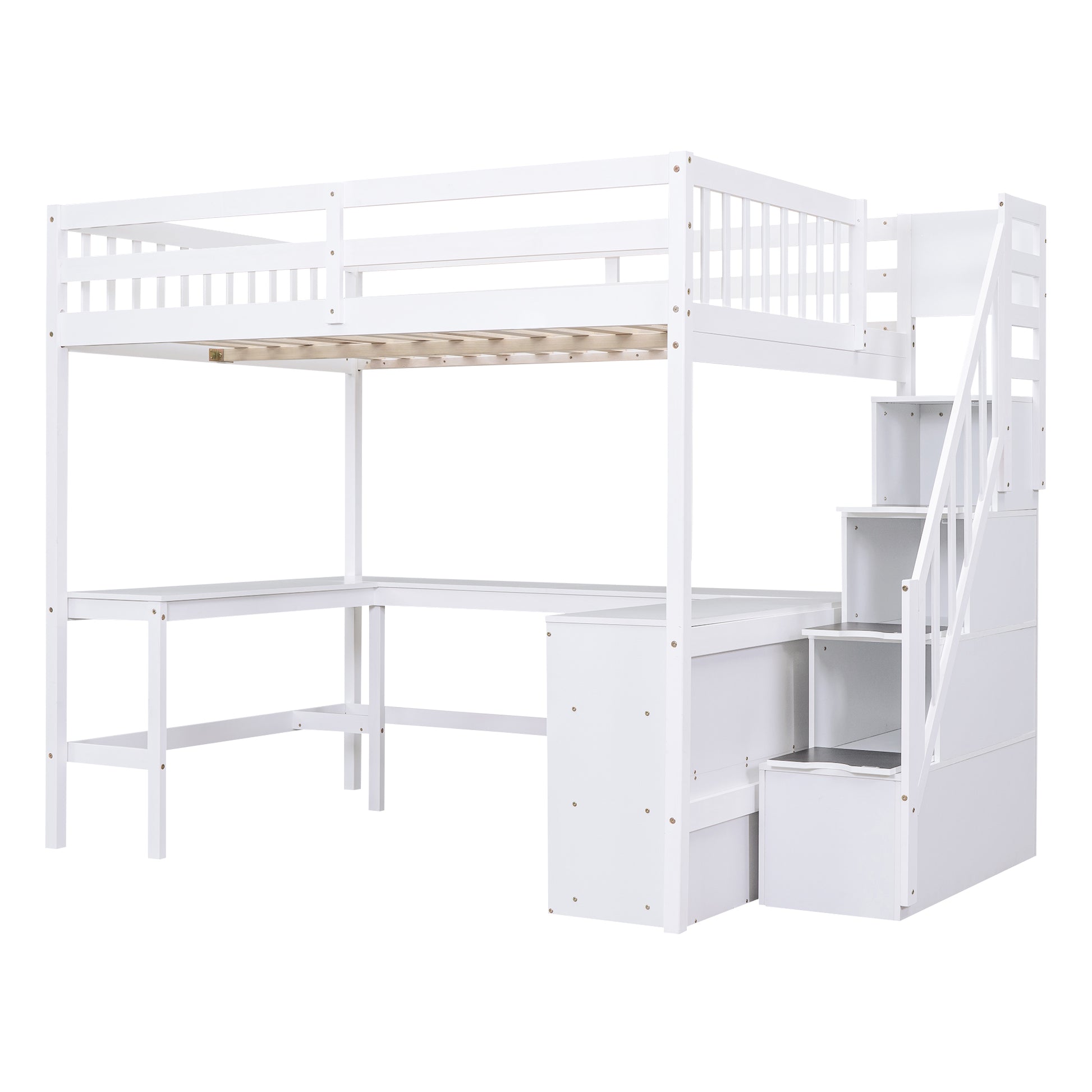 Full Size Loft Bed With Built In L Shaped Desk And Three Tier Storage Shelves,And Attached Storage Staircase, White Old Sku: Gx001809Aak Full White Pine