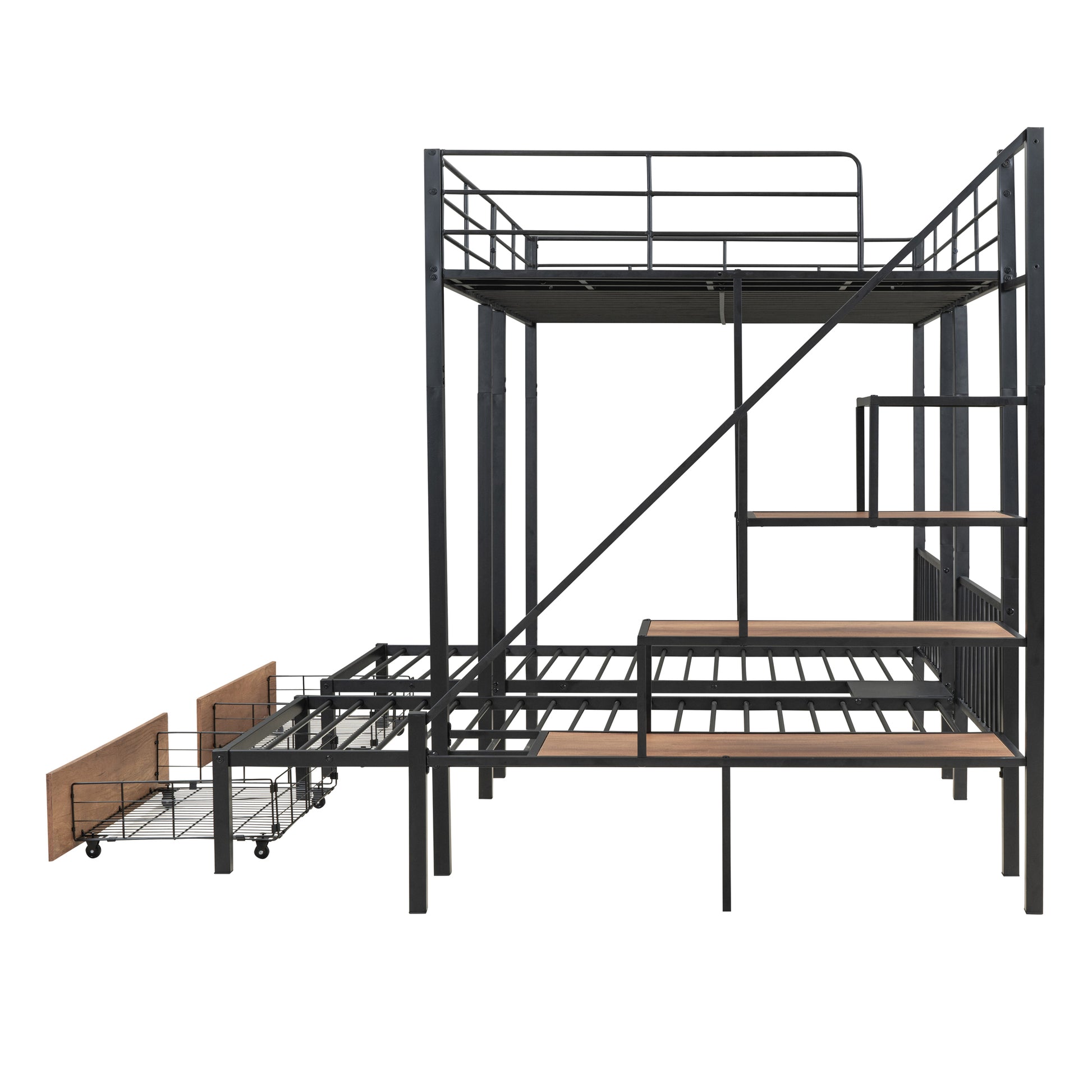 Full Over Twin Twin Triple Bunk Bed With Drawers And Staircase, Black Black Metal